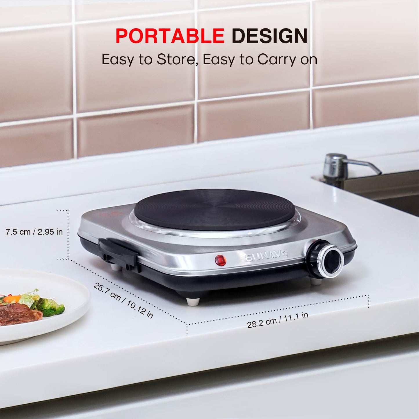 SUNAVO 1500W Hot Plates for Cooking, Electric Single Burner with Handles, 6 Power Levels Stainless Steel Hot Plate for Kitchen Camping RV and More Silver