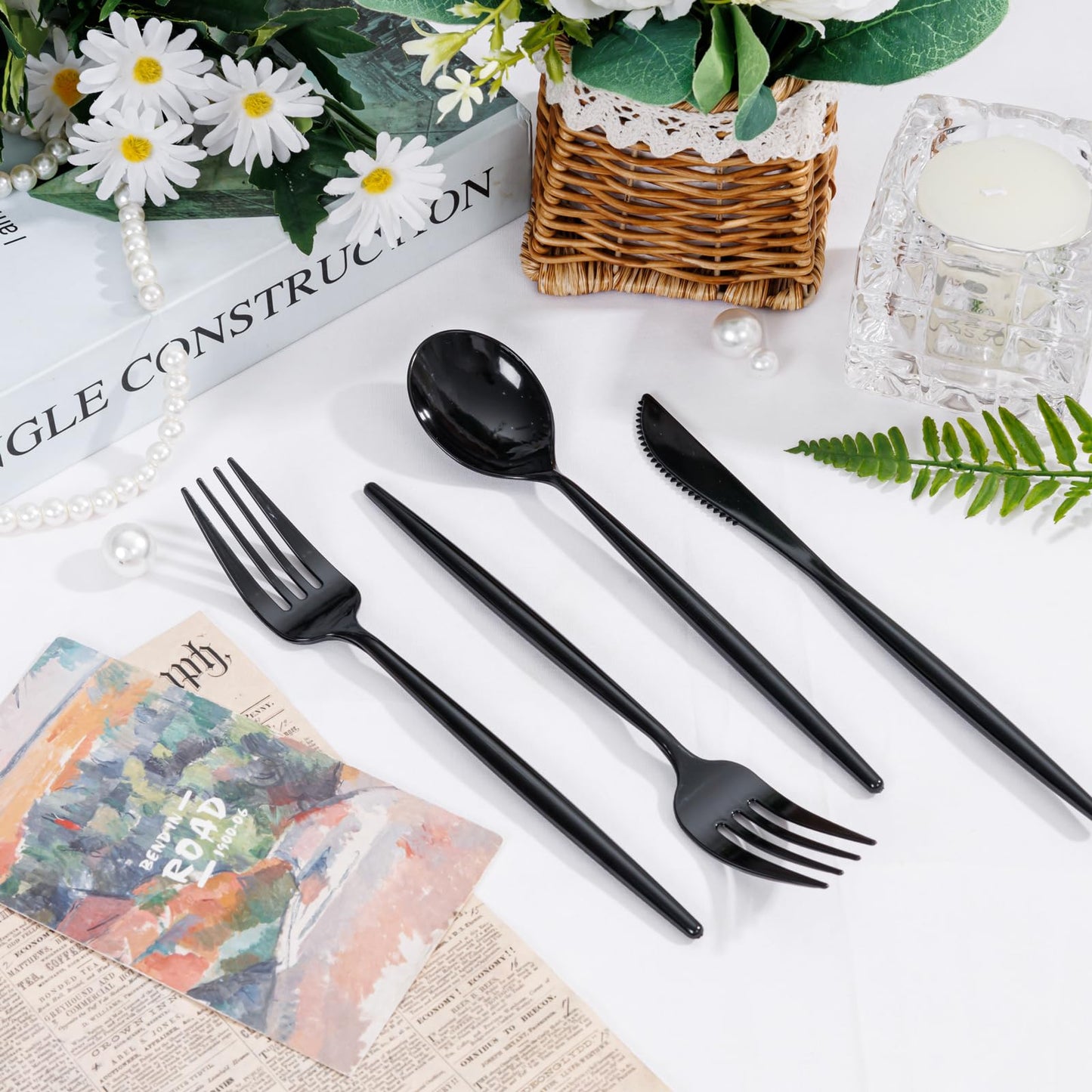 Supernal 360pcs Black Plastic Silverware,Heavy Duty Black Plastic Utensils, Disposable Cutlery Set Includes Disposable Knives,Forks and Spoons Silverware Set for Parties,Weddings & Birthday