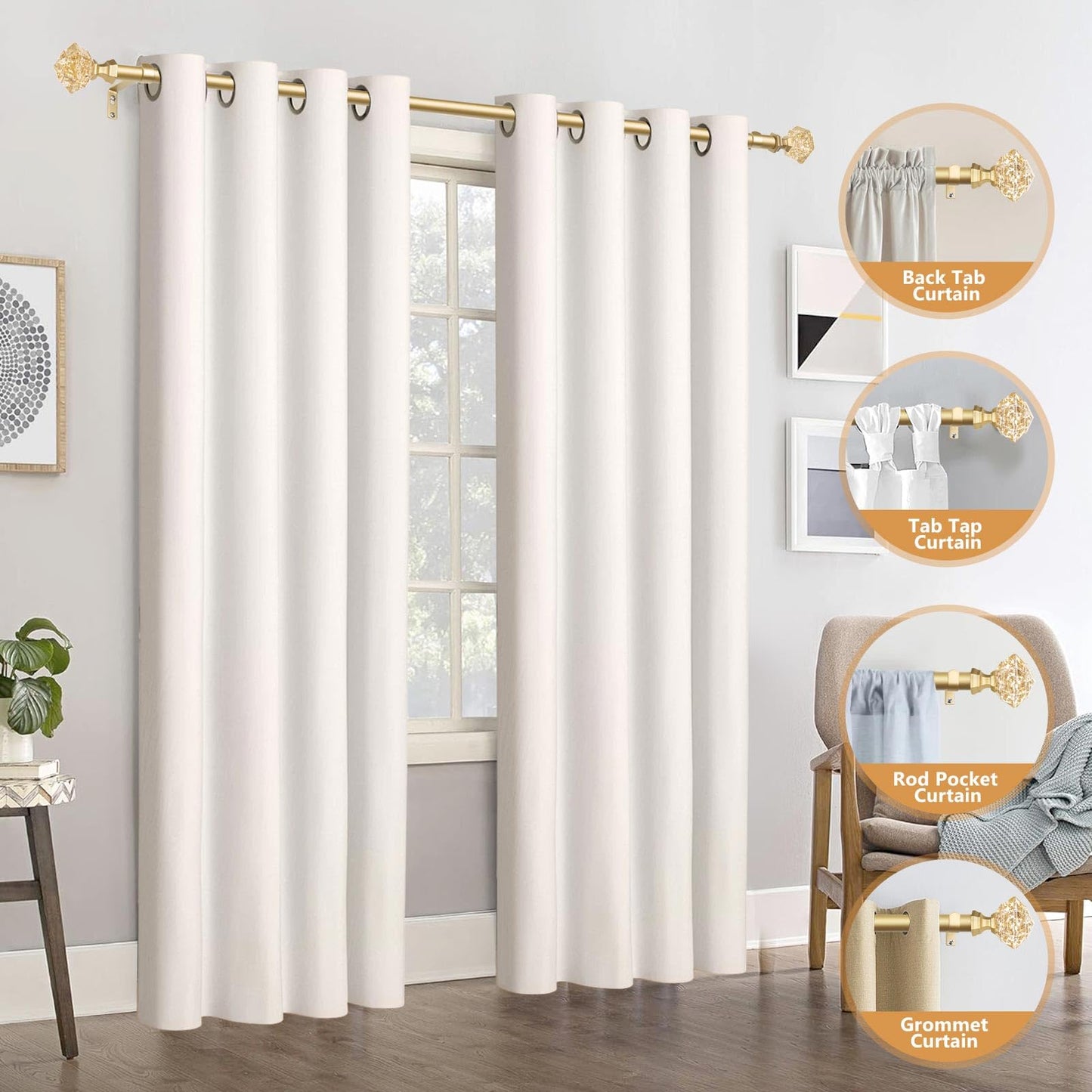 TONIAL 2 Pack Curtain Rods for Windows 48 to 84 Inch, Telescoping Splicing 3/4 Single Rods 32 to 86 Inch Decorative Drapery Rod with Translucent Diamond Finial, Luxury Gold