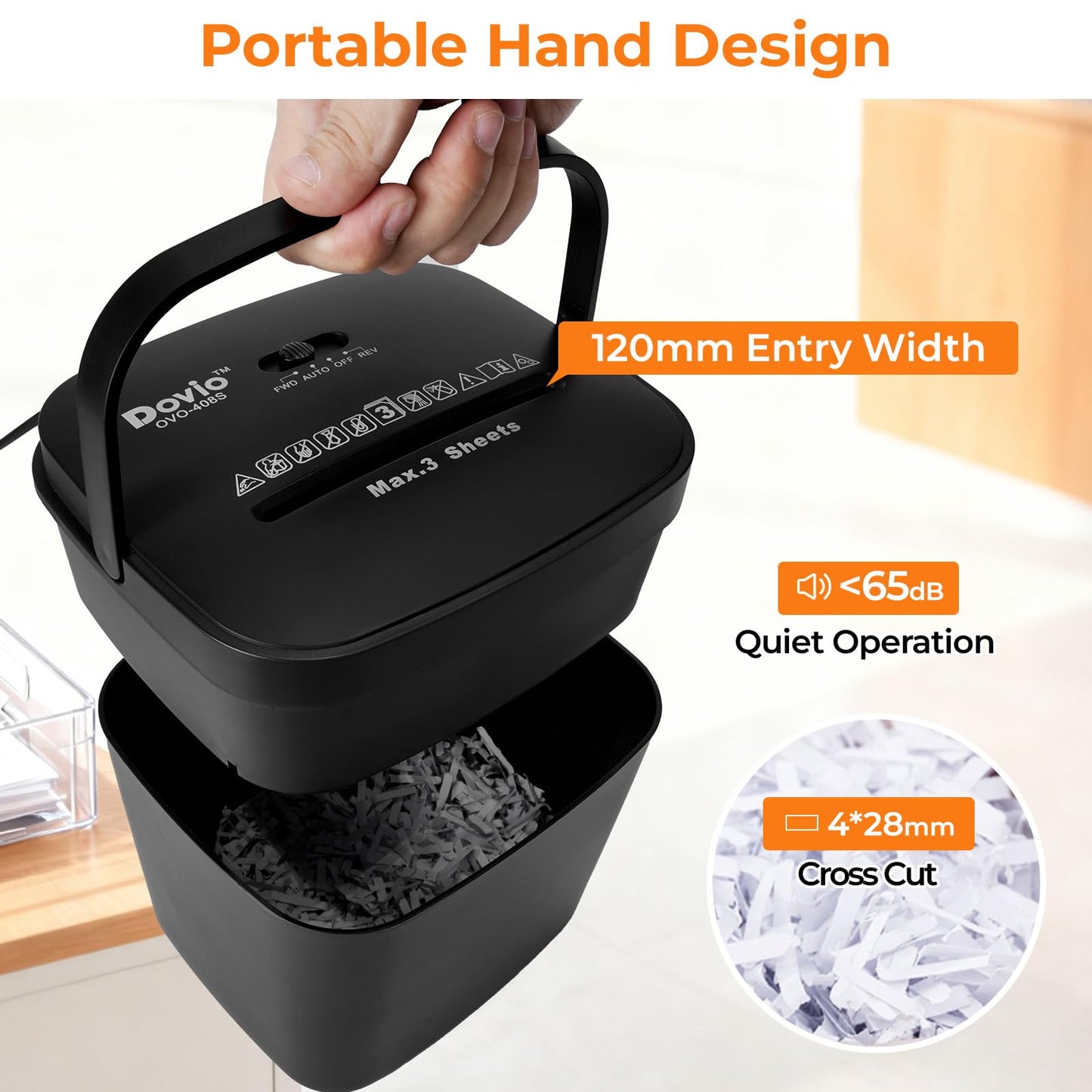 Dovio OVO-408S Cross Cut Mini Paper Shredder, Auto Start/Stop, 3-Sheet Capacity, Quiet <65dB for Home Office, with 4L Bin & Motor Reverse
