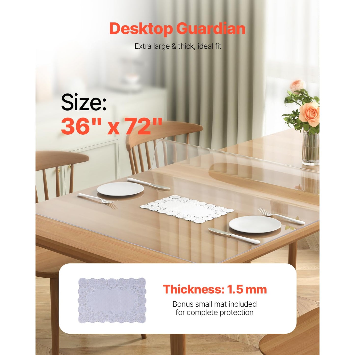 VEVOR Clear Table Cover Protector, 1.5mm Thick 36 x 72 in PVC Plastic Tablecloth, Waterproof & Oil Spill Proof, Customizable Rectangle Table Cover for Writing Desk, Coffee Table, Dining Room Table