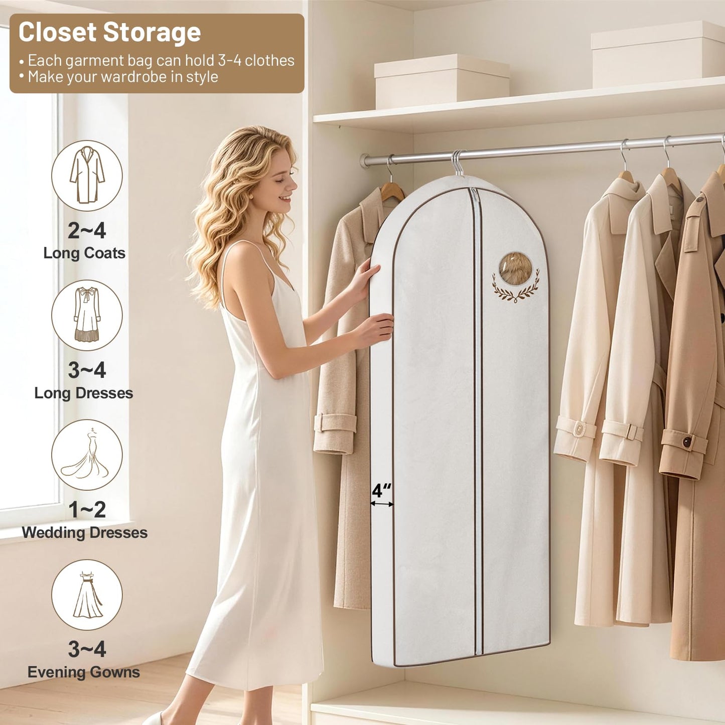 MISSLO 60" Cotton Garment Bag for Long Dress Breathable Garment Bags for Hanging Clothes Travel Women Dress Cover Luxury Hanging Clothes Storage for Fur Coat, Jacket, Gown, Suit
