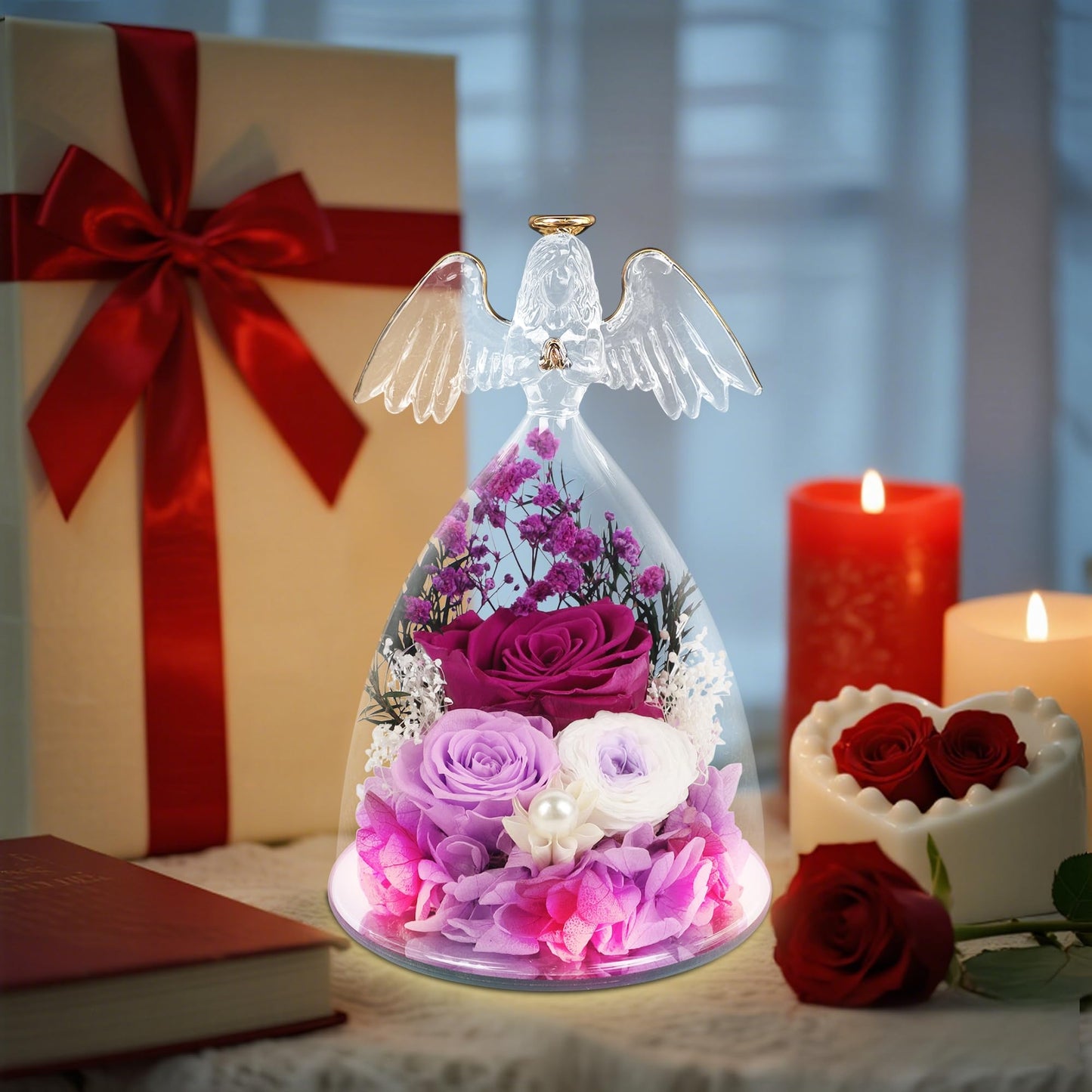 YOFIT Gifts for Women Mom Mother's Day-Preserved Roses in Glass Angel Figurine, Forever Fresh Flowers for Her Grandma, Gifts for Valentines Birthday (Purple, Lights)