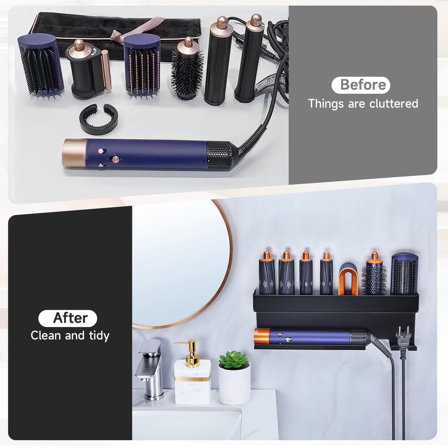 Storage Hair Dryer Holder for Curling Iron Accessories, Hair Tool Organizer Wall Mount, Curling Iron Holder Organizer, Bathroom Hair Straightener Holder Stand for Styler Attachments Organizer, Black