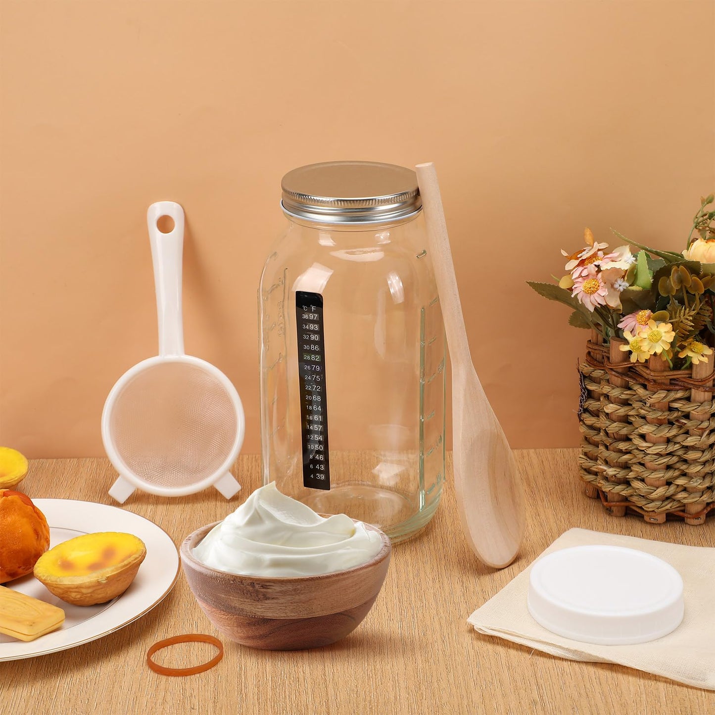 Honeydak 8 Pcs Complete Kefir Starter Kit Kombucha Fermenter Kit Half Gallon 64oz Mason Jar Wide Mouth with Plastic Storage Lid Nylon Mesh Strainer Cotton Cloth Cover and Wood Spoon