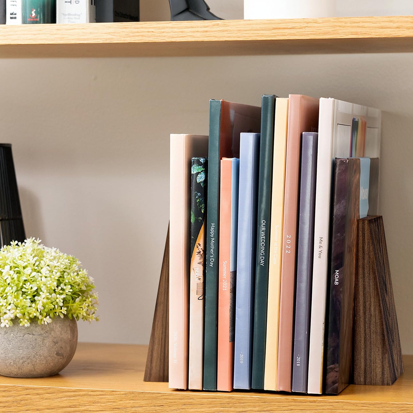 Luxdecor Walnut Book Ends Hold Heavy Books-7x6x5in Wood Bookends for Office Desk Non Skid, Decorative Walnut Bookend 2pack, Triangle Style