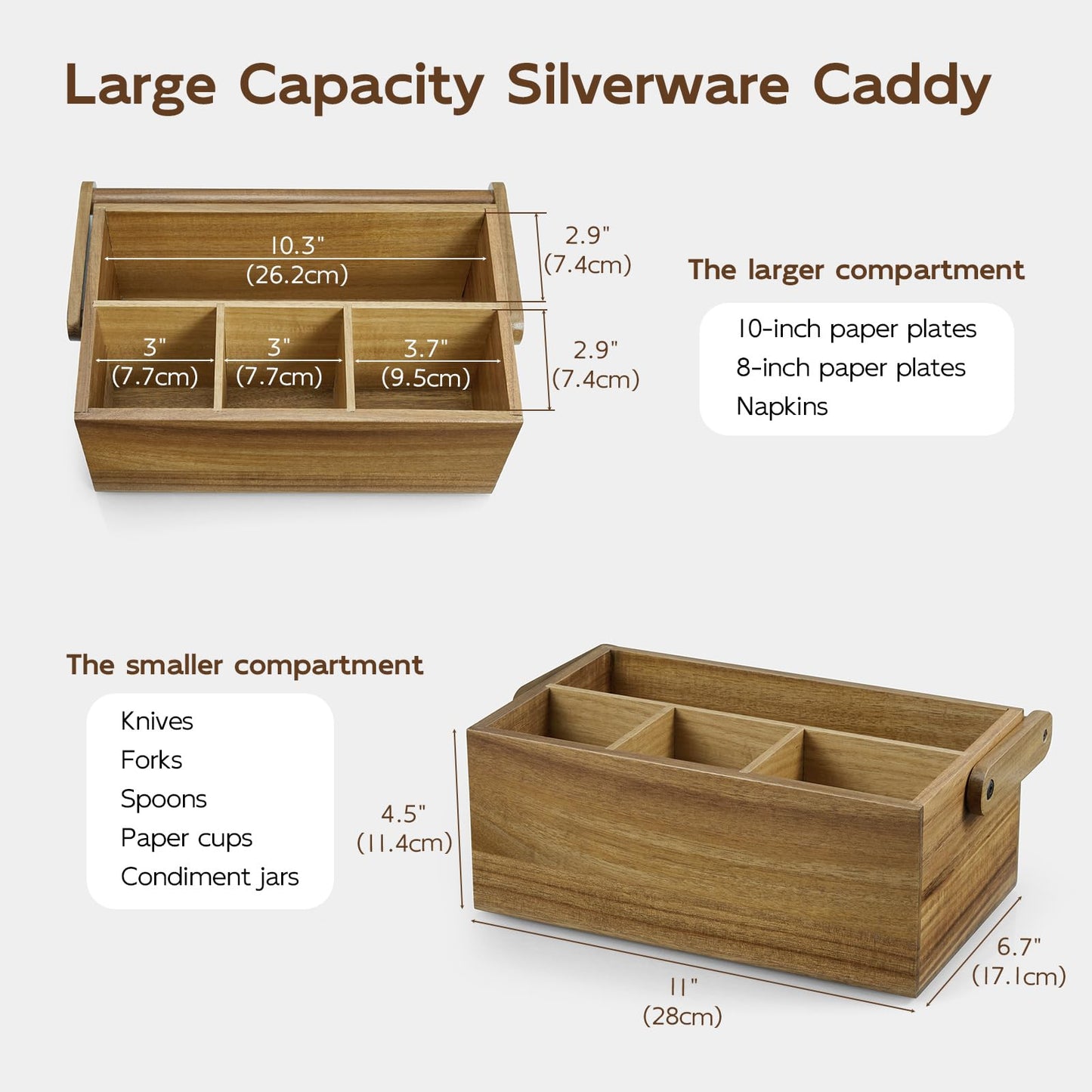 BWODYAY Acacia Paper Plate Dispenser, Paper Plate Holders with Handle, Picnic Silverware Caddy for Party, Cutlery Holder for Countertop, Wood Utensil Organizer for Home Kitchen & RV