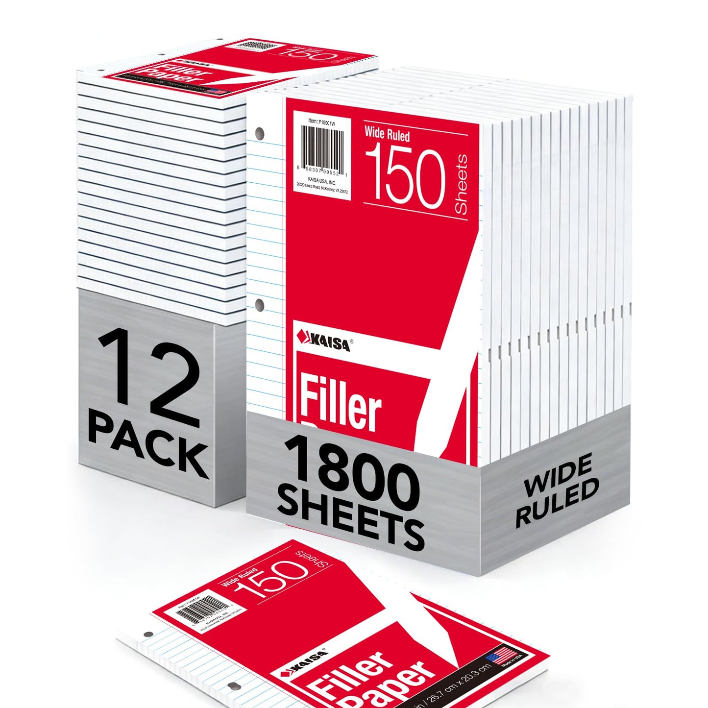 Kaisa loose Leaf Paper Filler Paper 1800 Sheets 8"x10.5",Wide Ruled, 3-Hole Punched for 3-Ring Binders, Carton of 12pack