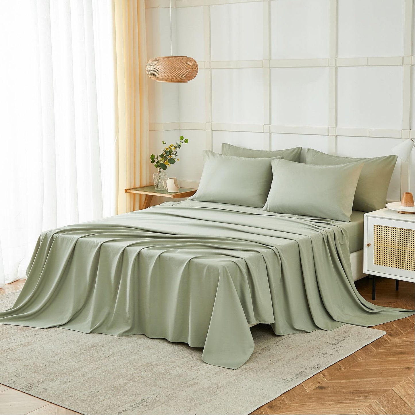 ILAVANDE Sage King Size Sheets Set 6 Piece,Super Soft 1800 Series Microfiber Bed Sheets King Set-Wrinkle & Fade Resistant-14“ Deep Pockets Sheets for King Size Bed(King,Sage Green)