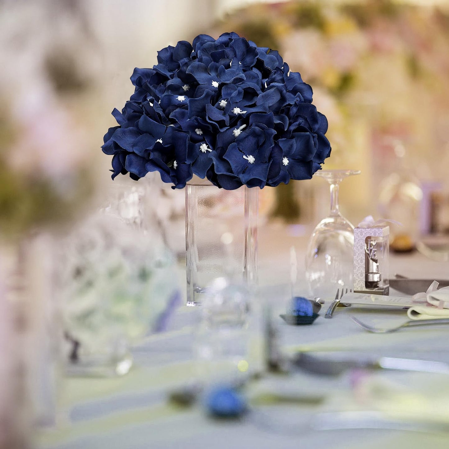 DIYDOFUN Hydrangea Flower Balls for Centerpieces - 12 PCS Artificial Floral Arrangement with Base, 8.27 Inch Diameter Fake Silk Kissing Ball for Wedding Table Home Party Decor - Navy Blue