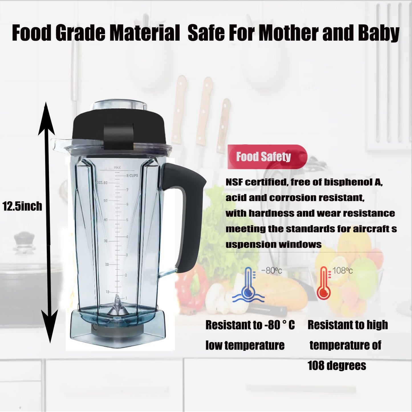 Blender Pitcher 64oz, Compatible with 5200 5000 5300 6300 VM0101 VM0103 VM0197 Classic/Commercial Series, Blender Container Jar Cup,Updated Prevents Rust and Leaks,10 Years Warranty