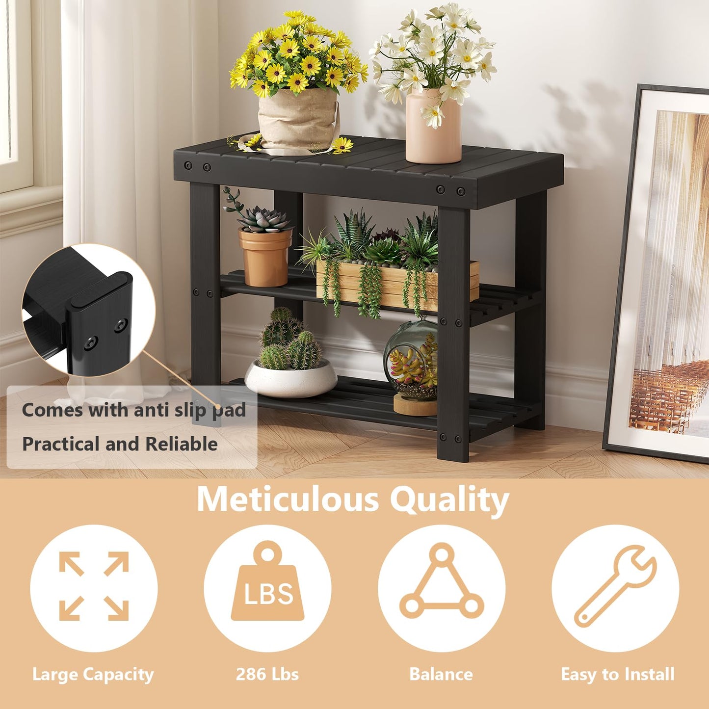 Sweetcrispy Shoe Rack Bench, 3-Tier Bamboo Entryway Storage Organizer, 286lb Capacity, Shoes Stand for FrontDoor Entrance, Bedroom, Living Room, Bathroom, Balcony, 19 Inches Length, Black