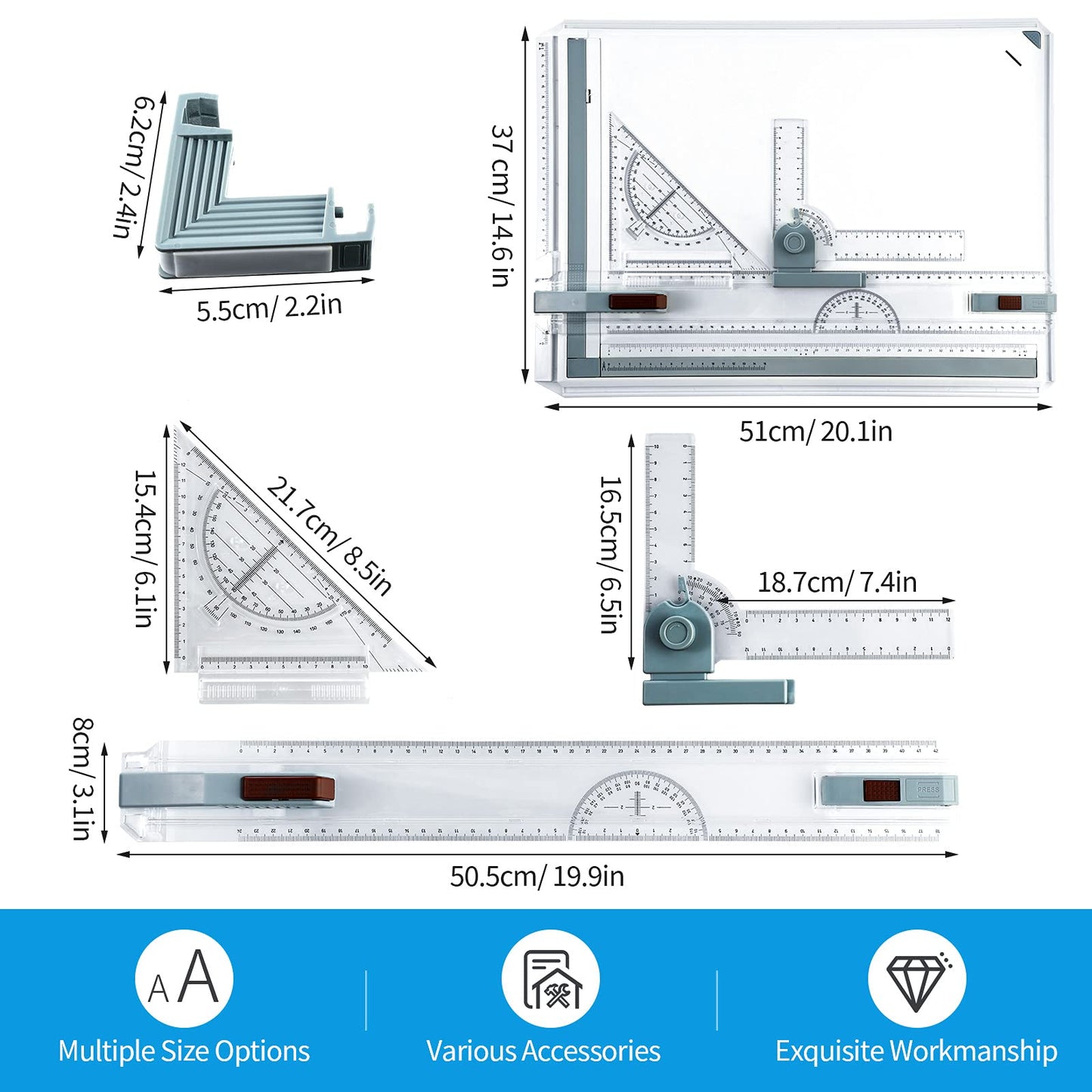 Zonon A3 Portable Drawing Board, Multi-Function Metric Drafting Table Drafting Board with Clear Rule Parallel Motion and Angle Adjustable Measuring System(A3)