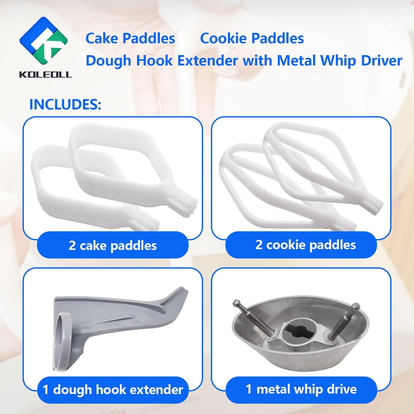 Cake Paddles & Cookie Paddles & Dough Hook Extender with Metal Whip Driver Compatible with Universal Mixers
