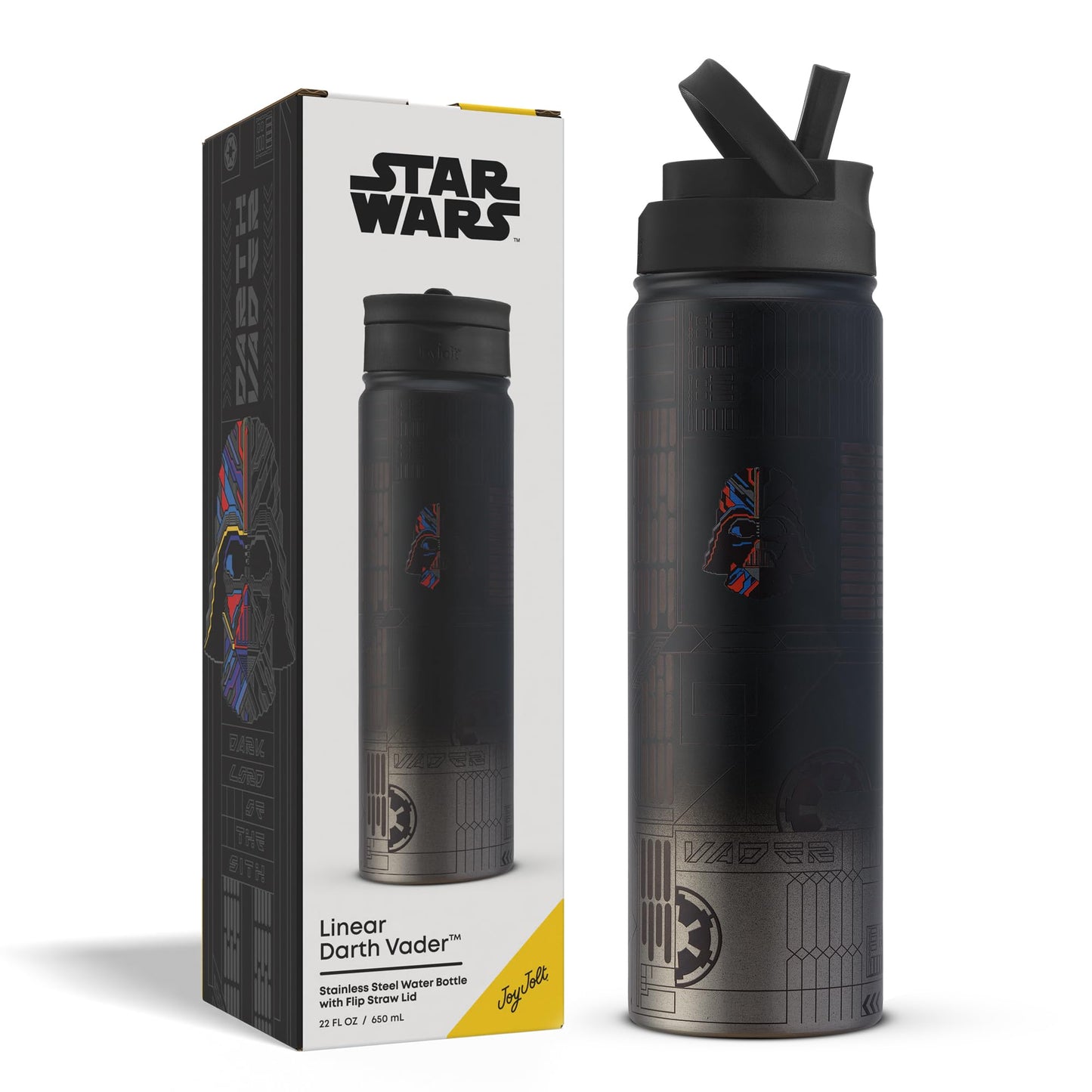 JoyJolt Star Wars Linear Darth Vader Stainless Steel Water Bottle with Flip Straw Lid, 22 oz Vacuum Insulated Water Bottle, BPA-Free Tumbler for Sports and Travel, Star Wars Gifts