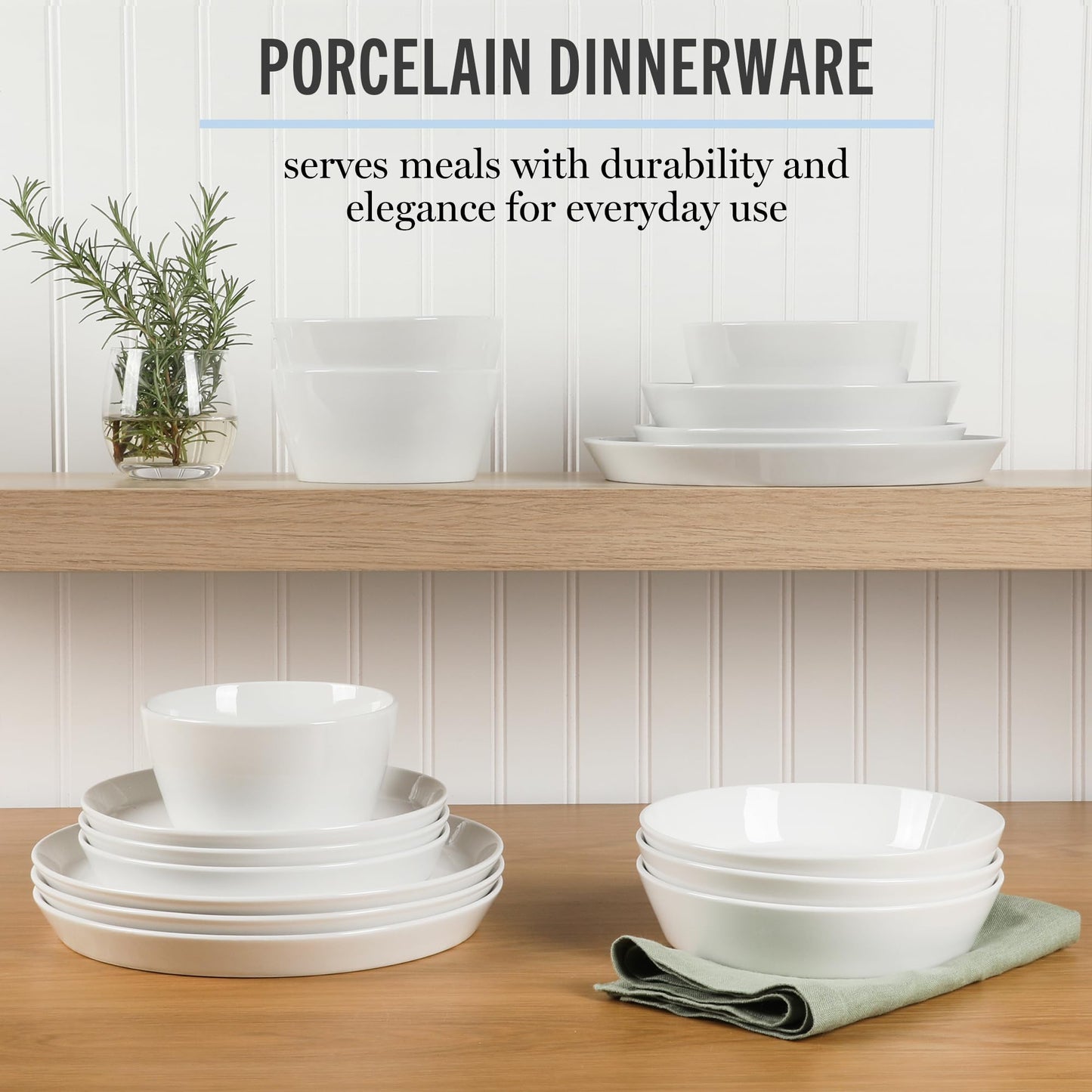 Martha Stewart Selma Chip & Scratch Resistant Dinnerware Set Service for 4 (16pcs) – White Plates and Bowls, Durable Dishwasher and Microwave Safe Dishes Set for Everyday Use