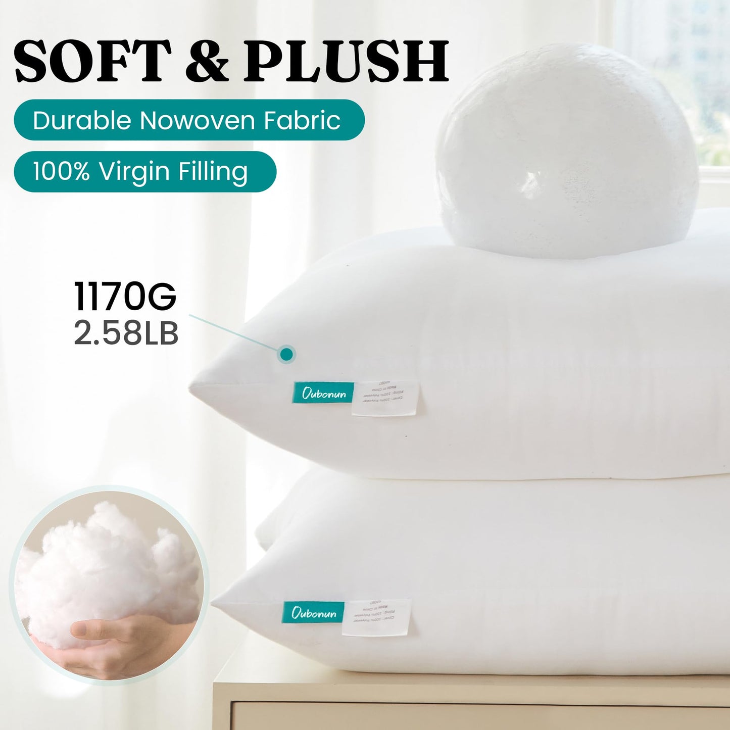 Oubonun 26 x 26 Throw Pillow Inserts - Soft, Plush & Decorative Down Alternative Pillows for Couch Sofa Bed, Machine Washable - White, Pack of 2