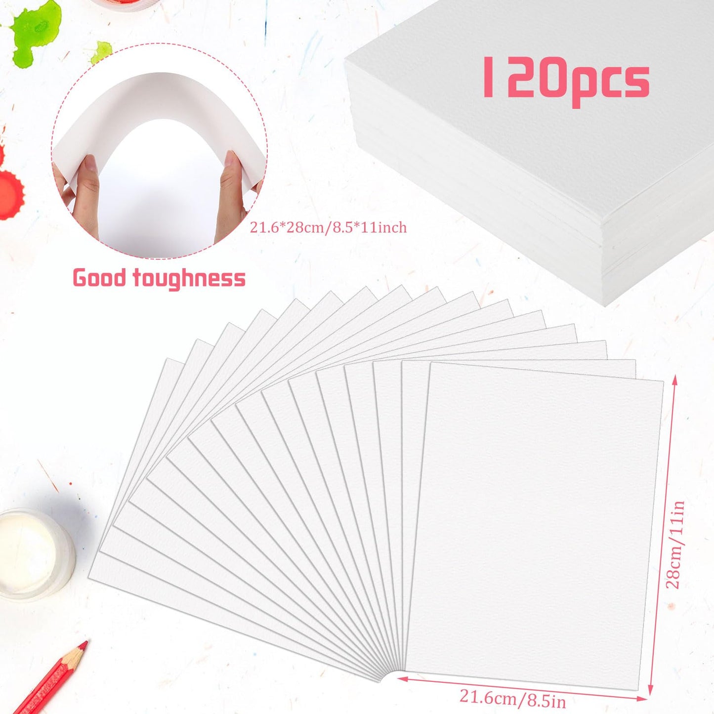 120 Sheets Watercolor Paper 8.5 x 11, 140 lb/300 GSM Cold Press Watercolor Paper Bulk White Water Color Paper for Kids Child Students Adults Artists Drawing