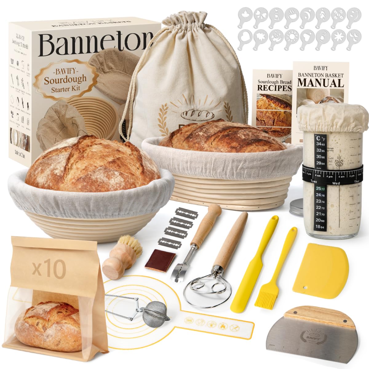 Sourdough Starter Kit, Banneton Bread Proofing Baskets Set, Sourdough Bread Baking Supplies Making Tools with Dough Scraper, Whisk, Bread Lame, Recipe