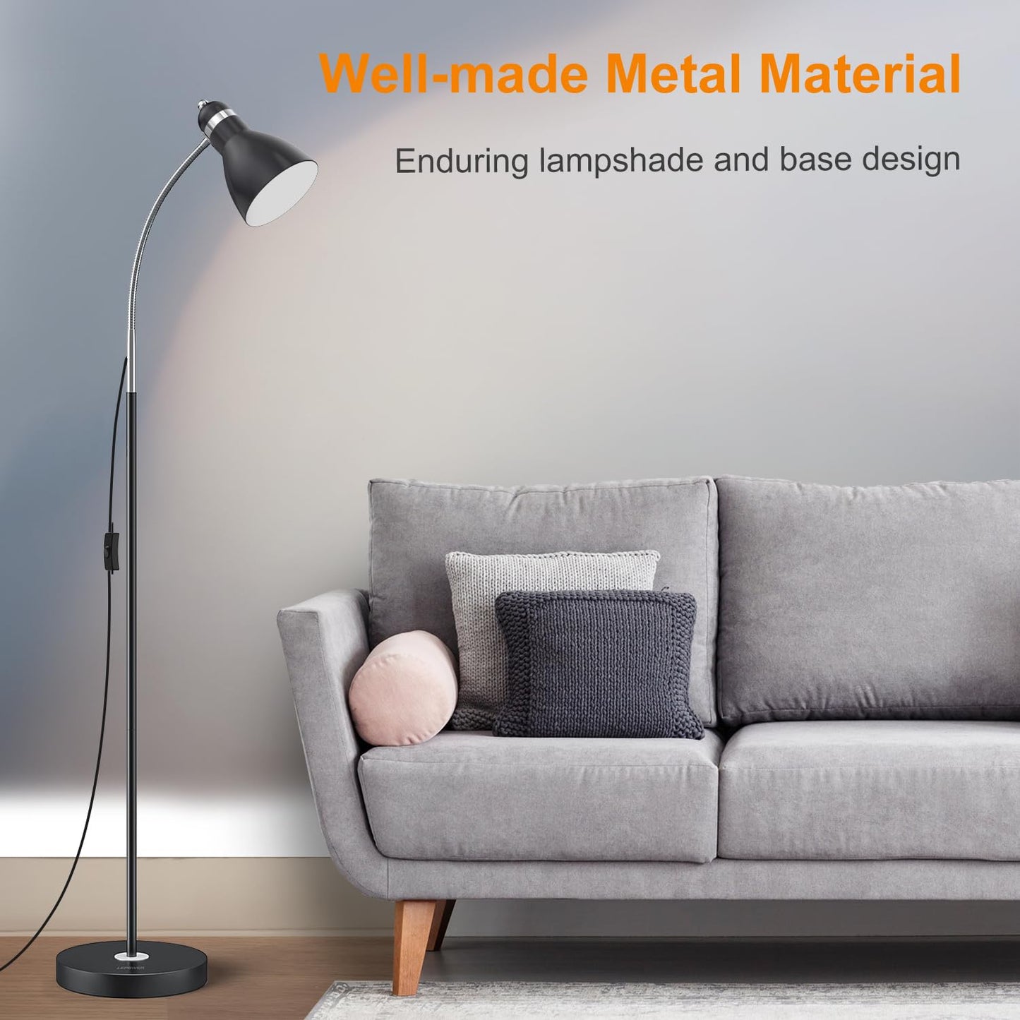 LEPOWER Floor Lamp, Metal Standing Lamp with Adjustable Gooseneck, Heavy Metal Base, Reading Pole Lamp for Office, Black Floor Lamps for Bedroom, Living Room