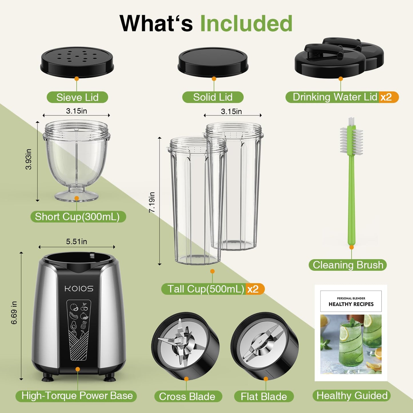 KOIOS Smoothie Blender, Max 1000w Personal Blender for Shakes and Smoothies, 12Pcs Coffee Grinder and Countertop Blenders Combo for Kitchen, Portable Smoothie Blenders with 2x22 oz To-Go Cups, Non-BPA