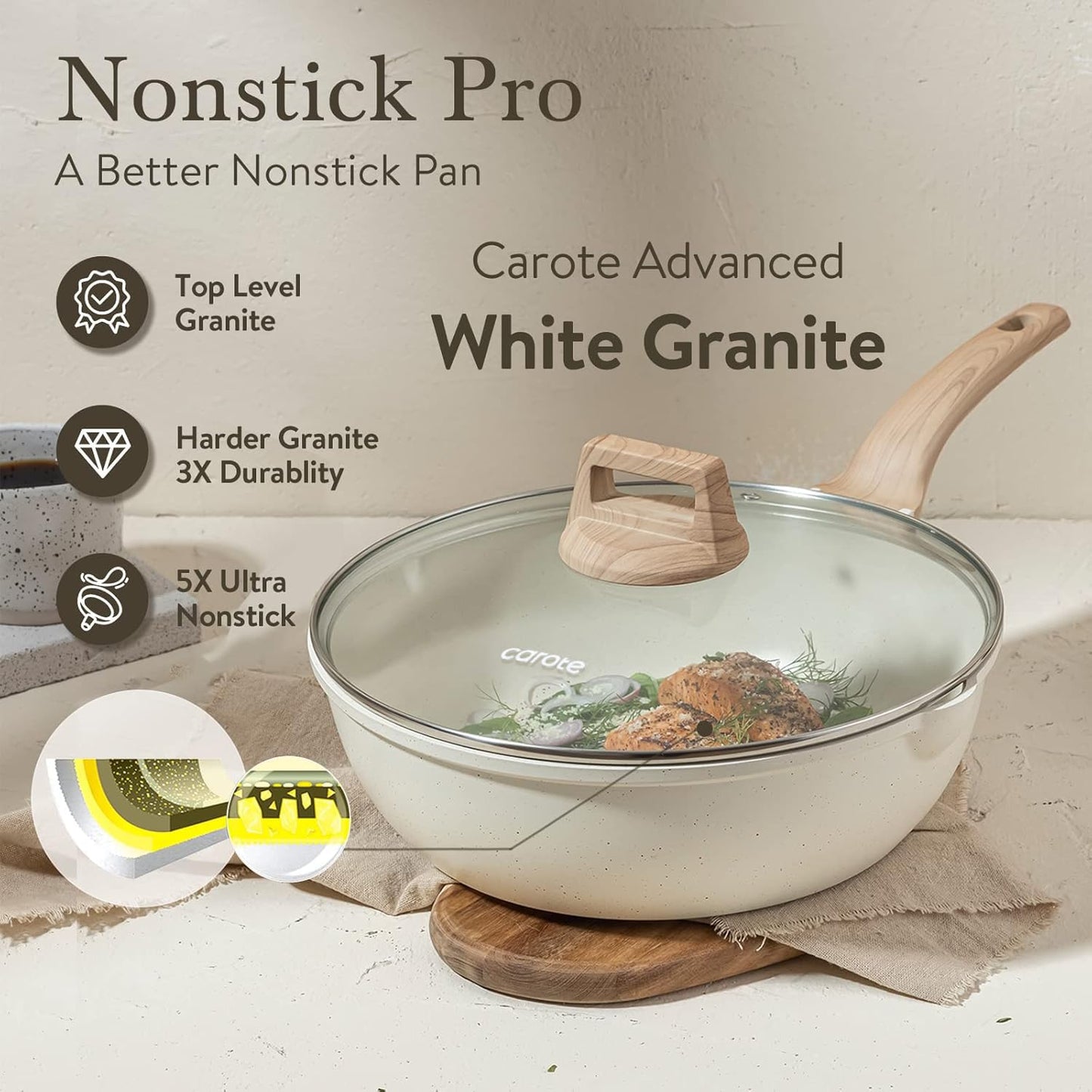 CAROTE 12Inch Nonstick Deep Frying Pan with Lid, 5.5 Qt Jumbo Cooker Saute Pan with Pour Spout, Skillet Induction Cookware, Non Stick Cooking Pan Kitchen Pan PFOA Free, White Granite