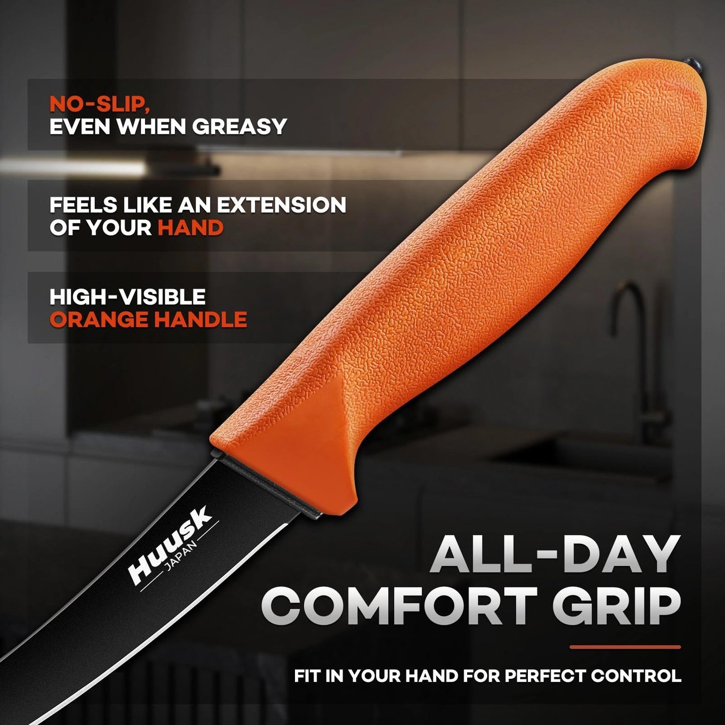 Huusk 5pcs Butcher Knife Set - Professional Meat Processing Kit with Non-Slip Orange Handle, German Stainless Steel Granton Butcher, Skinning, Curved Boning, Caping Knife with Roll Bag Gift for Men