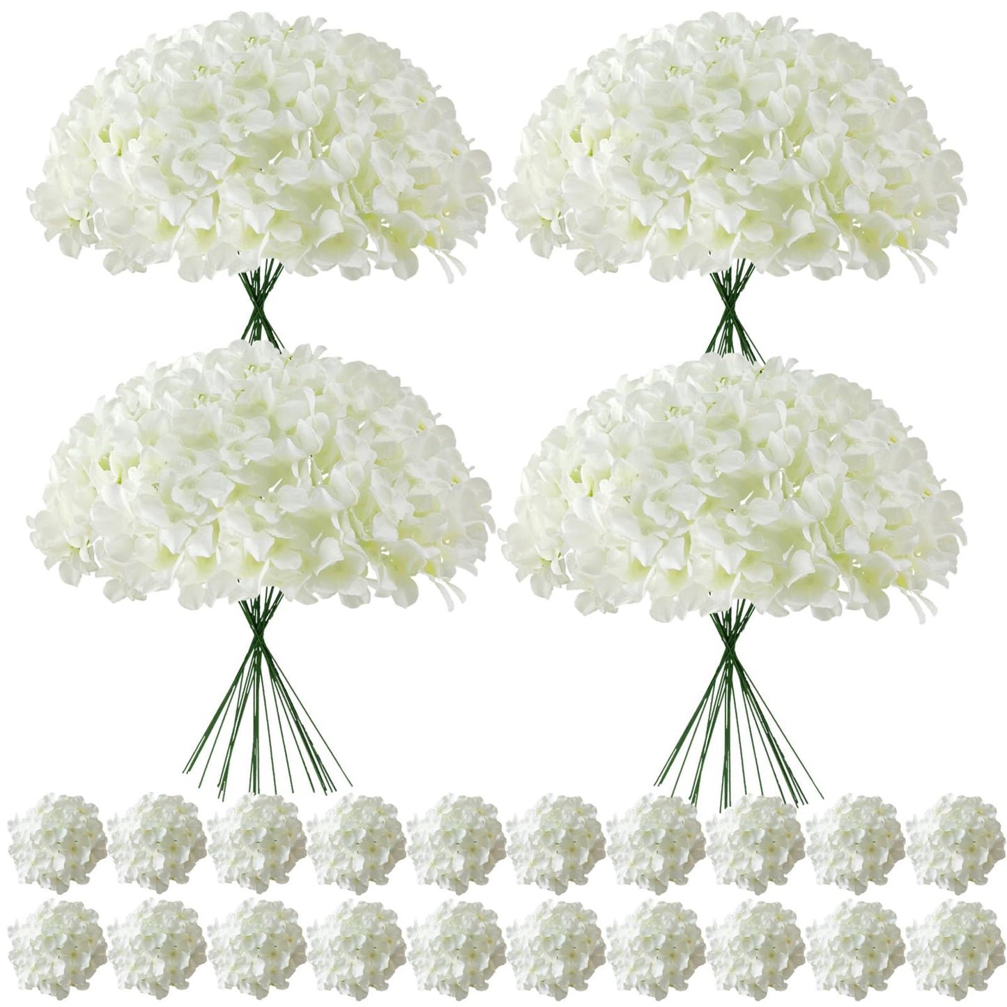 Cherica 100 Pcs Faux White Hydrangea Artificial Flowers Bulk, Fake Silk Hydrangea Flowers Heads with Stems for Wedding Decorations Garden Party Baby Shower Porch Home Decor Table Centerpieces