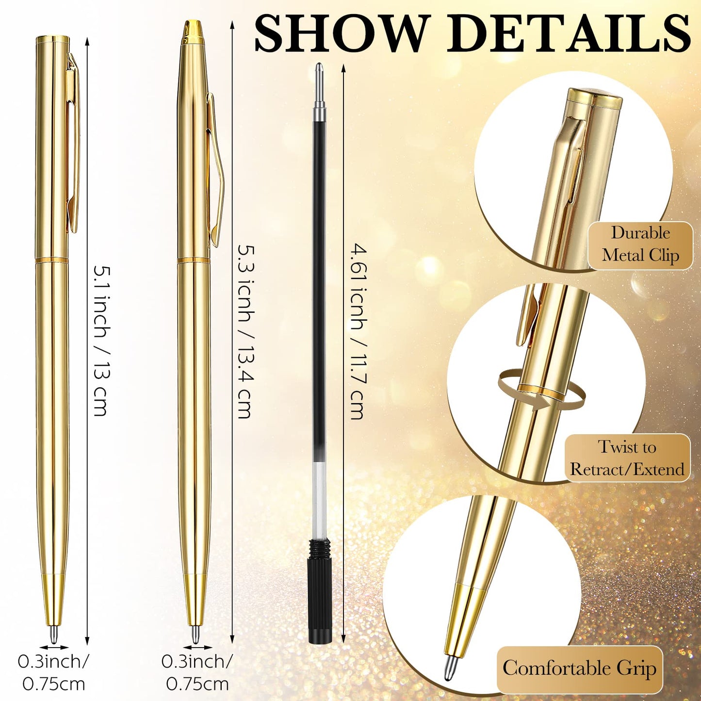 Fuutreo 100 Pack Gold Pens Bulk Gold Metal Slim Ballpoint Pens Retractable Black Ink 1.0 mm Ballpoint for Wedding Business Office Writing Supplies