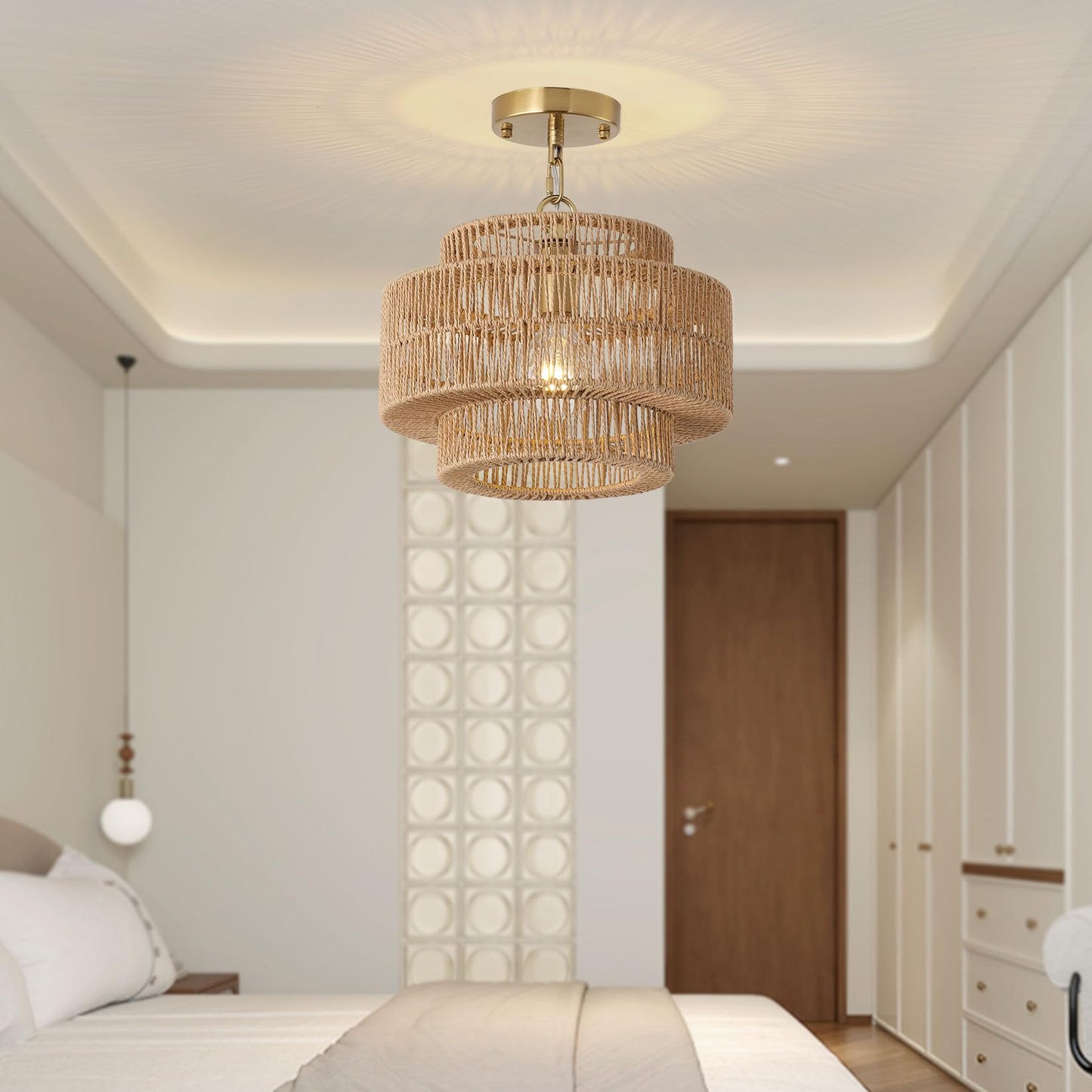 Giutna 12.4" Boho Rattan Farmhouse Chandeliers for Dining Room, Rattan Hand-Woven Rustic Drum Chandelier Pendant Light Fixture for Kitchen Island Bedroom Living Room Entryway Foyer