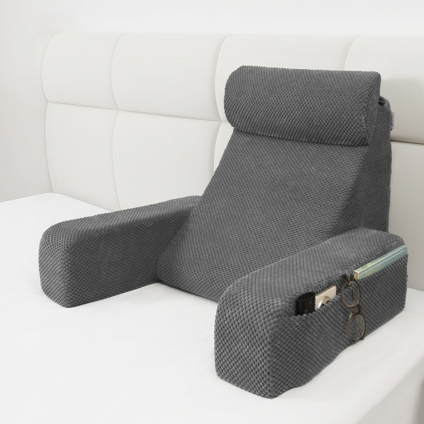 Vekkia Reading Pillow,Back Pillow for Bed Sitting Up Adult,Backrest Support Pillow with Build-in Arms & XL Pockets,Rest Chair for Reading,Gaming,Relaxing,Working or Watching TV in Bed/Floor-19'' Grey