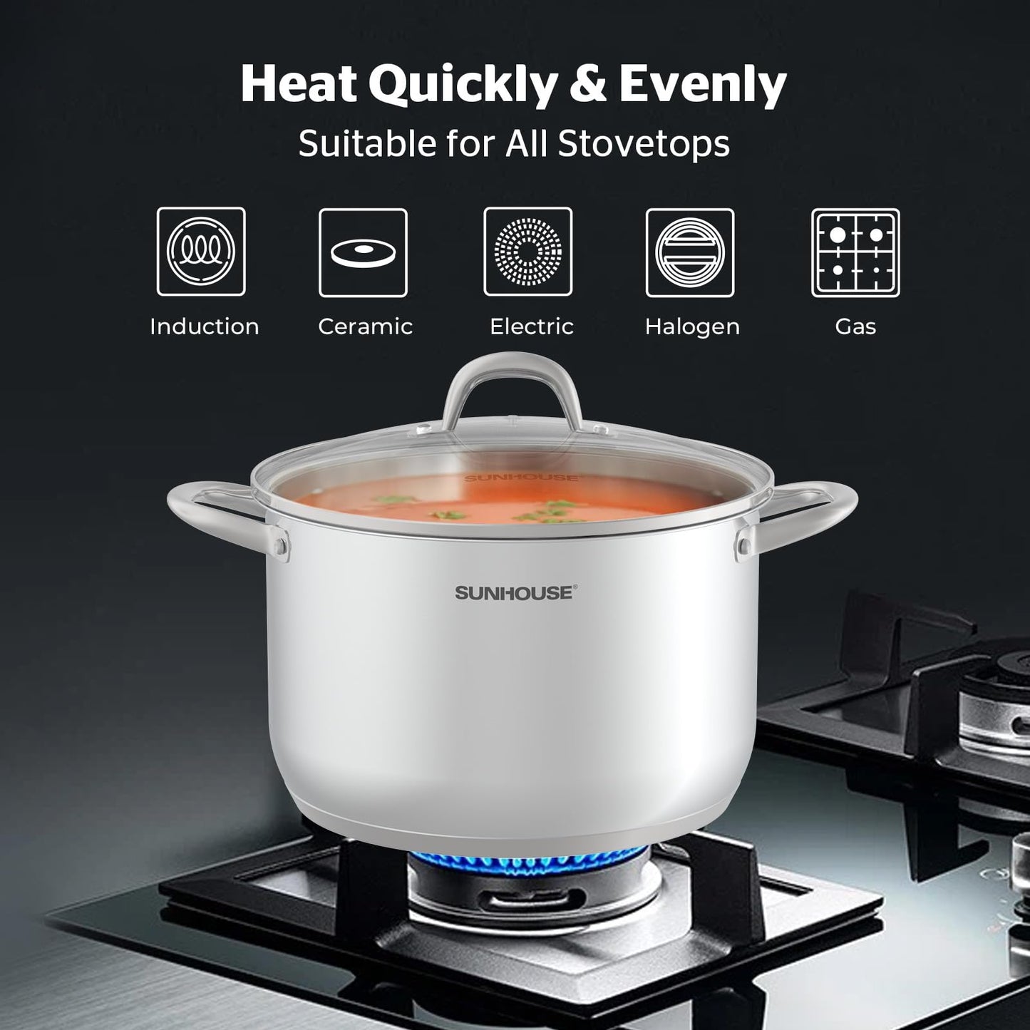 Sunhouse Stock Pot with Lid - 12 QT Large Pot for Cooking Pasta, Soup, Spaghetti - Impact Bonding Base Big Stainless Steel Pots for Canning, Boiling - Oven Safe & Induction Compatible Cookware