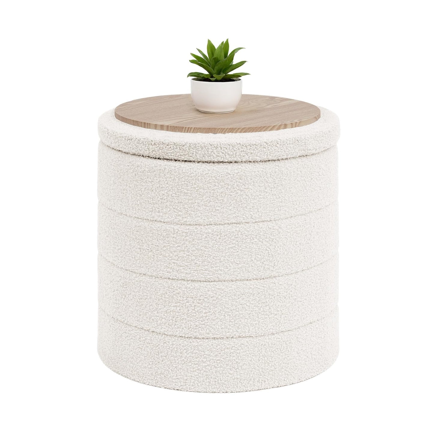 B FSOBEIIALEO Ottoman with Stroage, Round Sherpa Storage Ottoman Stool, Boucle Foot Rest 16.9"x16.9"x17.7"（White