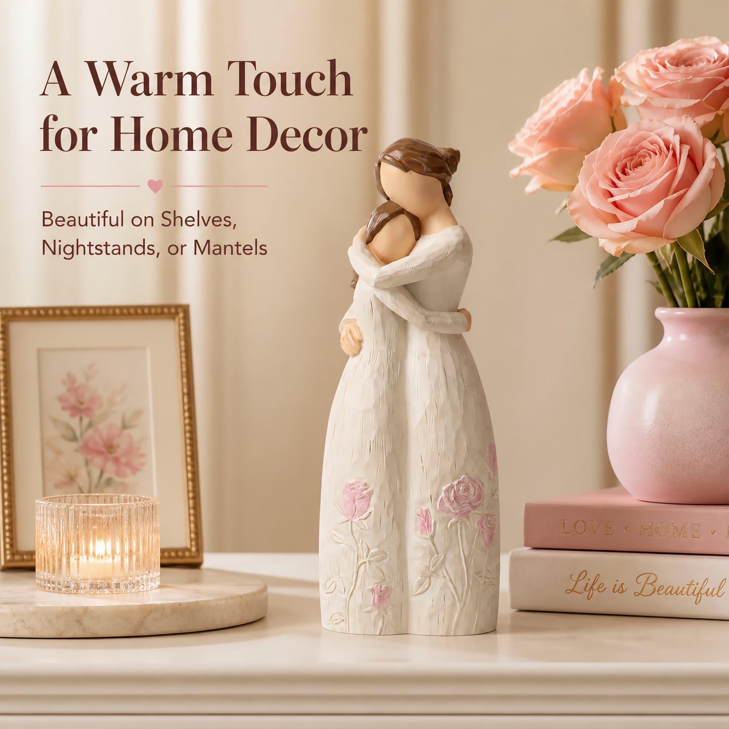 Yuideary Mother and Daughter Hug Resin Figurine – Mom Birthday Gifts from Daughter, Gifts for mom – Handcrafted Blush Rose Relief Keepsake Home Decor
