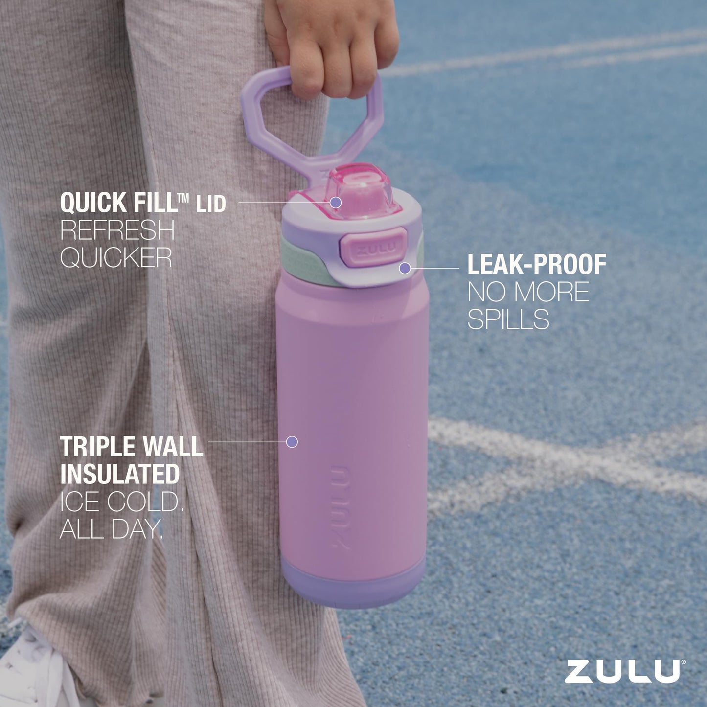 ZULU Powerfill Pro 18oz Kids Stainless Steel Water Bottle with Quick Fill Lid, Triple Wall Vacuum Insulated, Leak Proof Locking Lid, Sip & Chug, Reusable, BPA Free, Dishwasher Safe, Sweet Sorbet