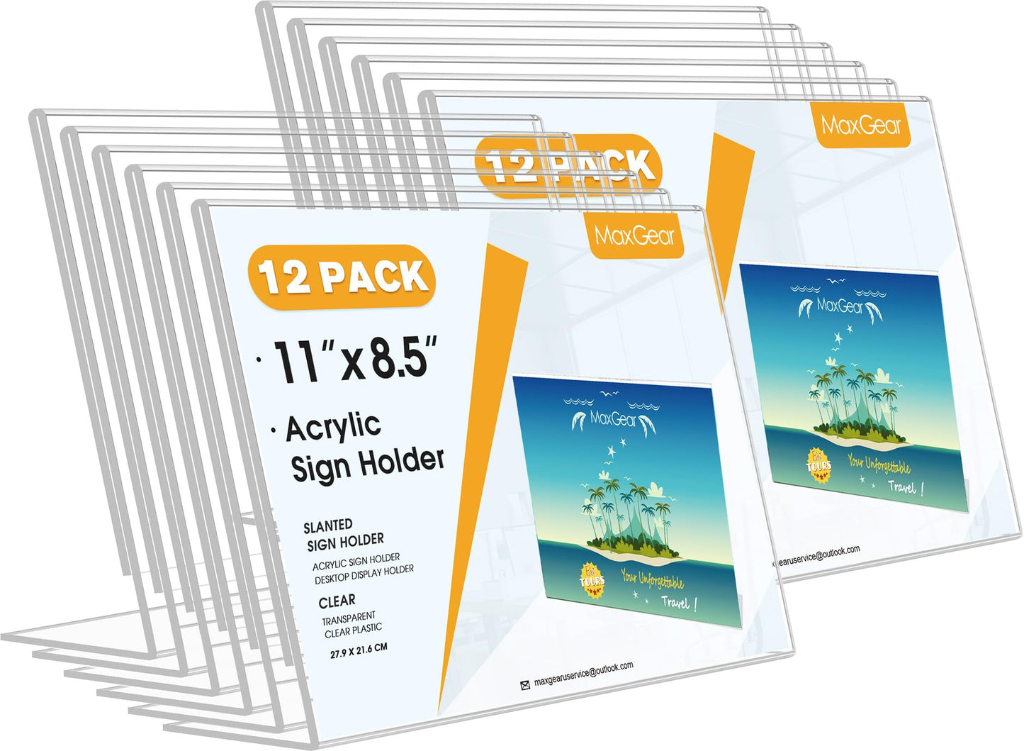MaxGear Acrylic Sign Holder 8.5x11 Inches Horizontal 12 Pack, Slant Back Clear Tabletop Display Stands for Flyers Menus Documents, Landscape Sign Frames