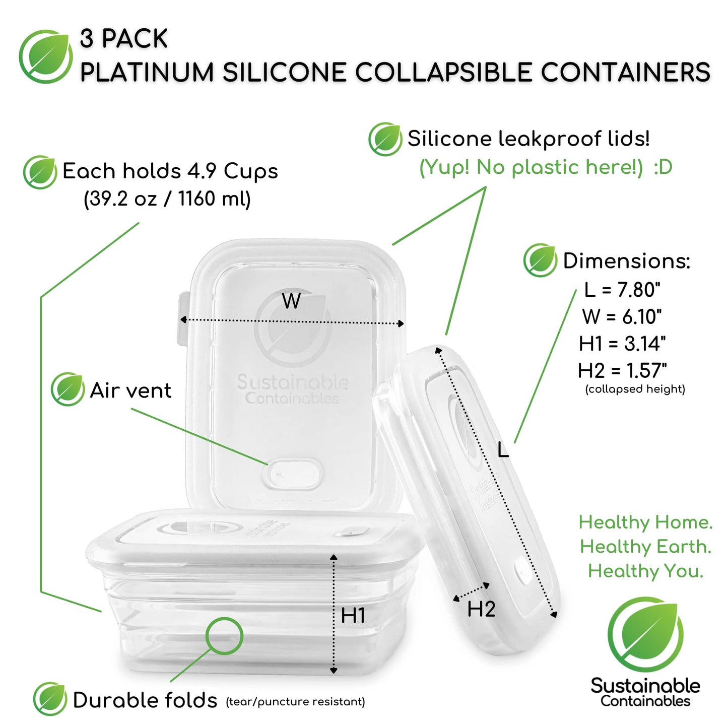 Premium Silicone Collapsible Food Storage Containers with Silicone Leakproof Lids, Platinum Food-Grade, BPA Free, LFGB Certified, Compact, Reusable Lunch Box, Microwave Safe, 4.9 Cups 3 Pk