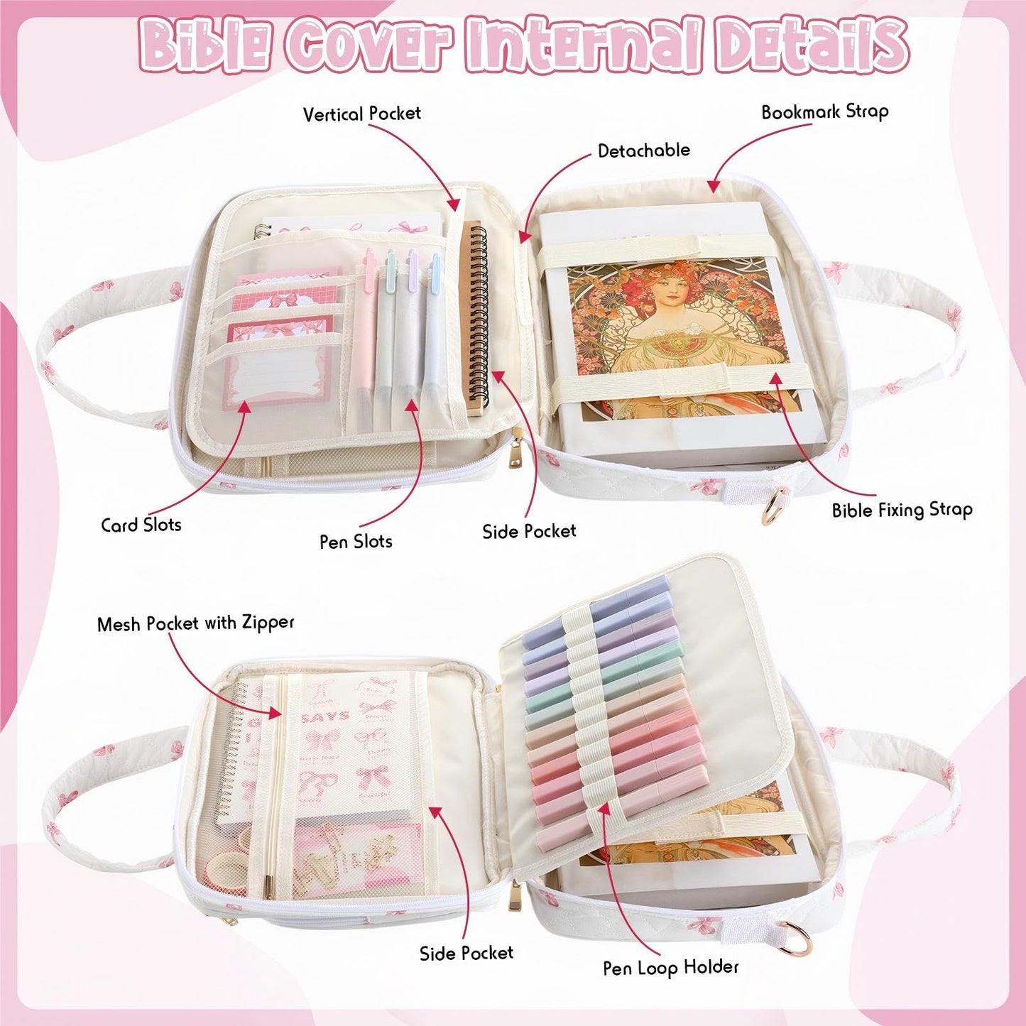 Capoda Bible Cover Case for Women, Bible Tote Bibles Study Supplies with Notebook Highlighters Ballpoint Pen Sticky Notes Scripture Card for Mother's Day Christian Gifts Women Mom Girls(Bow,Pink)
