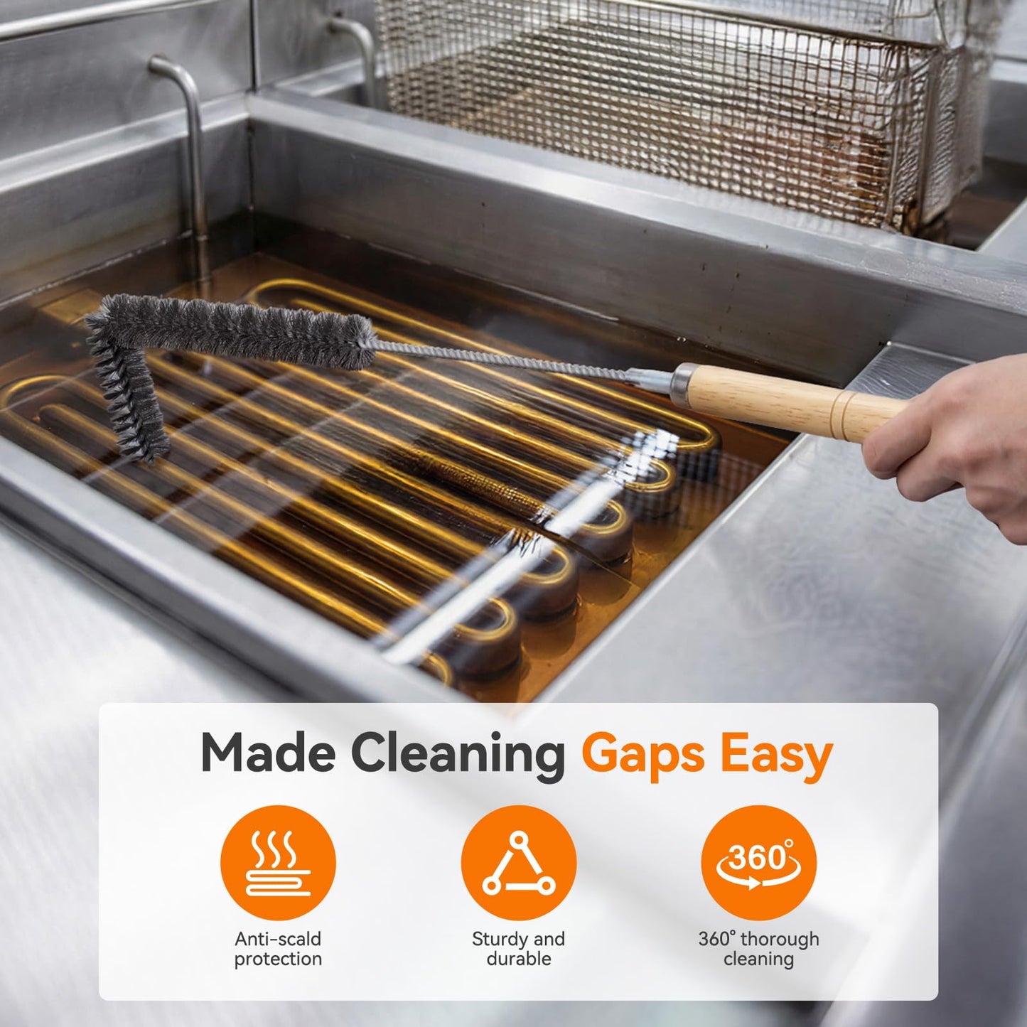 Fryer Cleaning Tools, 3 PCS Stainless Steel Deep Fryer Cleaning Tools, with Deep Fryer L-Shaped Brush, Long Handle Basket Brush and Fryer Cleanout Rod for Restaurants (Stainless Steel, Sliver)