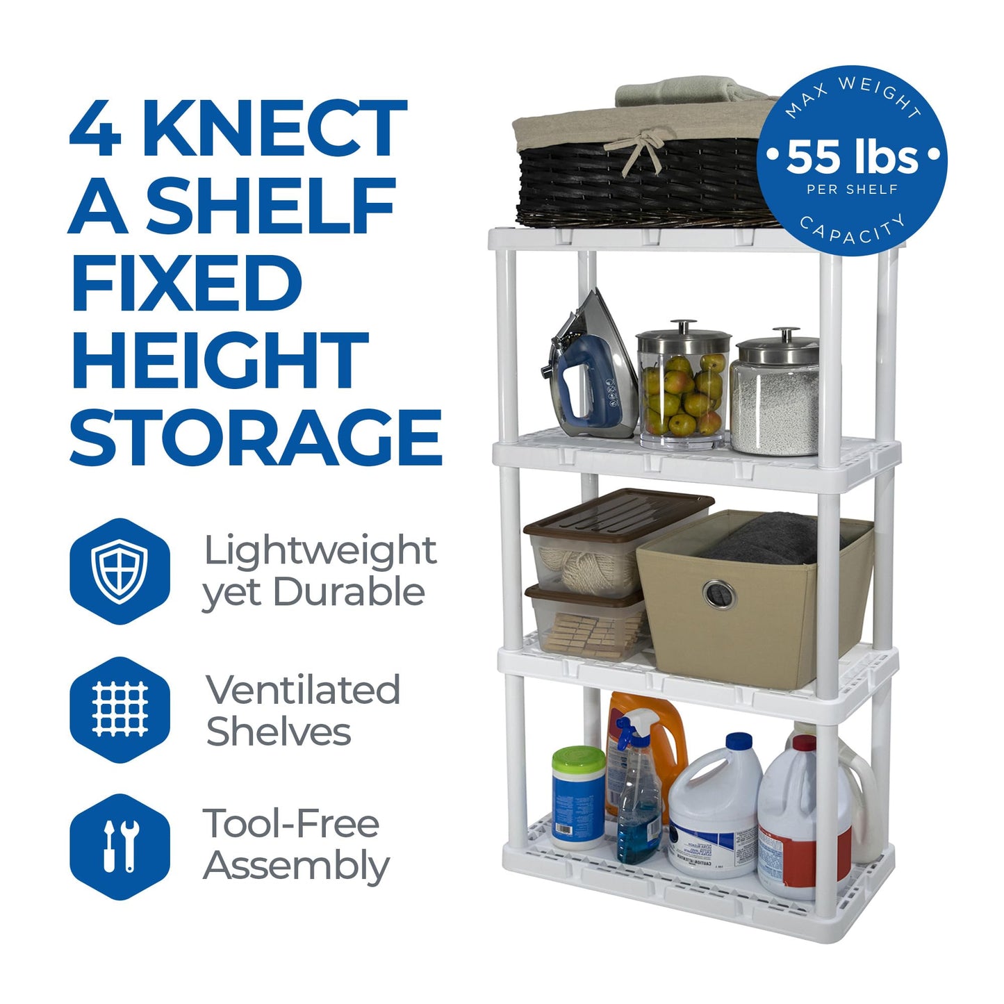 Gracious Living 2 Pack Light Duty Storage Shelves, Knect-A-Shelf 4-Shelf Ventilated Shelving Rack Organizer for Home, Garage, Basement & Laundry, White