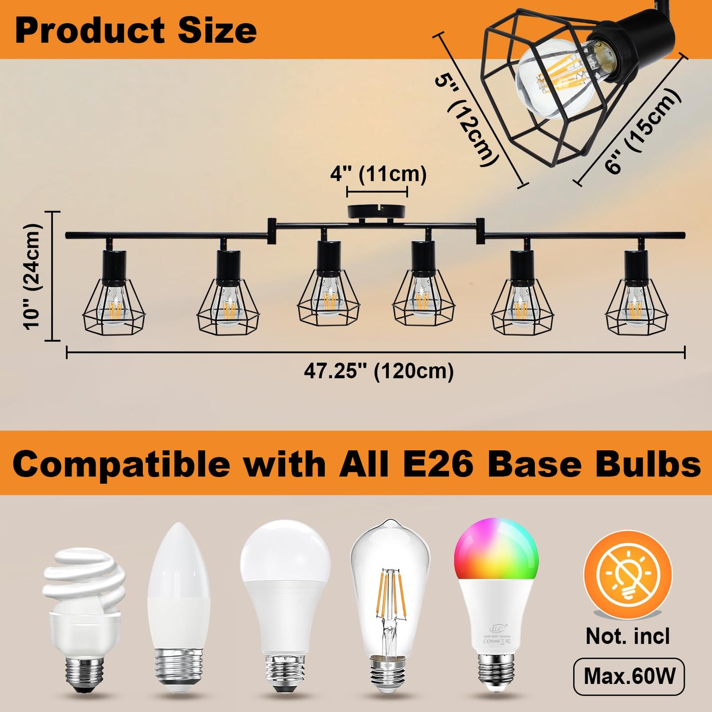 HiBay 6-Light Track Lighting, Directional Rotatable Ceiling Light Fixture, Black Farmhouse Track Spotlight for Kitchen, Bedroom, Living Room, E26 Base (Bulbs Not Included)