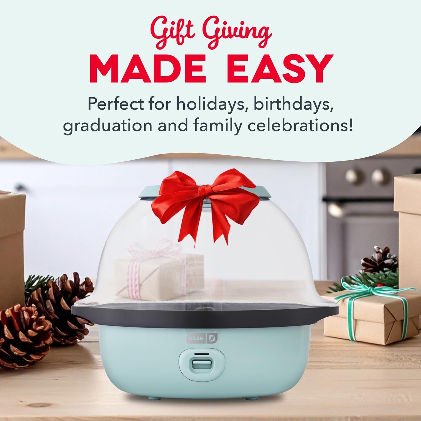 Dash SmartStore Deluxe Stirring Popcorn Maker - Hot Oil Electric Popcorn Popper with Butter-Warming Tray, Clear Serving Bowl, Storage Lid & Measuring Cup - 24 Cups, Aqua