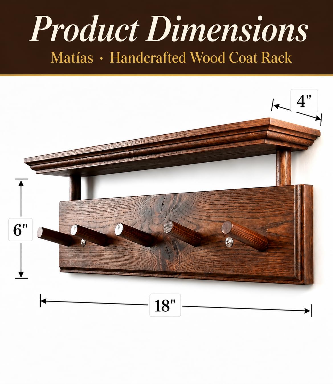 Matías Coat Rack Wall Mount with Shelf, 18 Inch Solid Wood Peg Rail, Wall Mounted Coat Rack with 5 Hooks, Wall Mount Shelf for Entryway, Bathroom or Bedroom (Walnut)