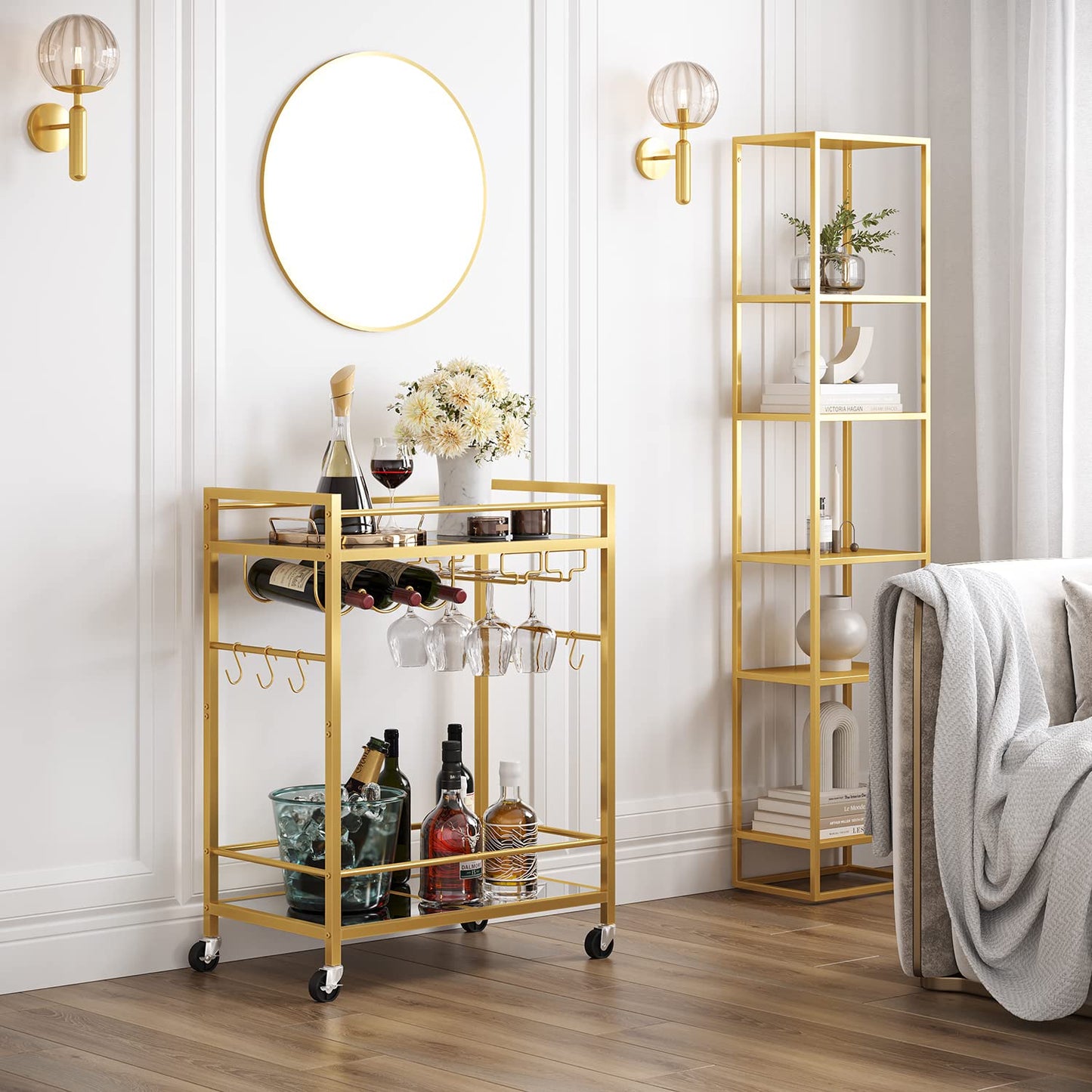TUTOTAK Bar Cart, Serving Cart for Home, Drink Cart, Mobile Kitchen Shelf with Wine Rack and Glass Holder, Rolling Beverage Cart, Gold BC01BB031