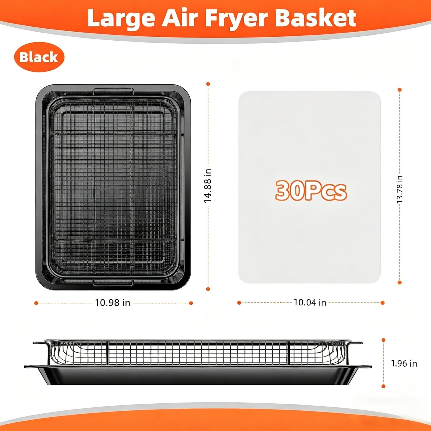Air Fryer Pans for Oven, Oven Air Fryer Basket and Tray with Cooking Guide &30 PCS Parchment Papers, DEGOVIN Crisper Tray Non-stick Stainless Steel Air Fry Pans for Convection Oven(14.88"×10.98"Black)