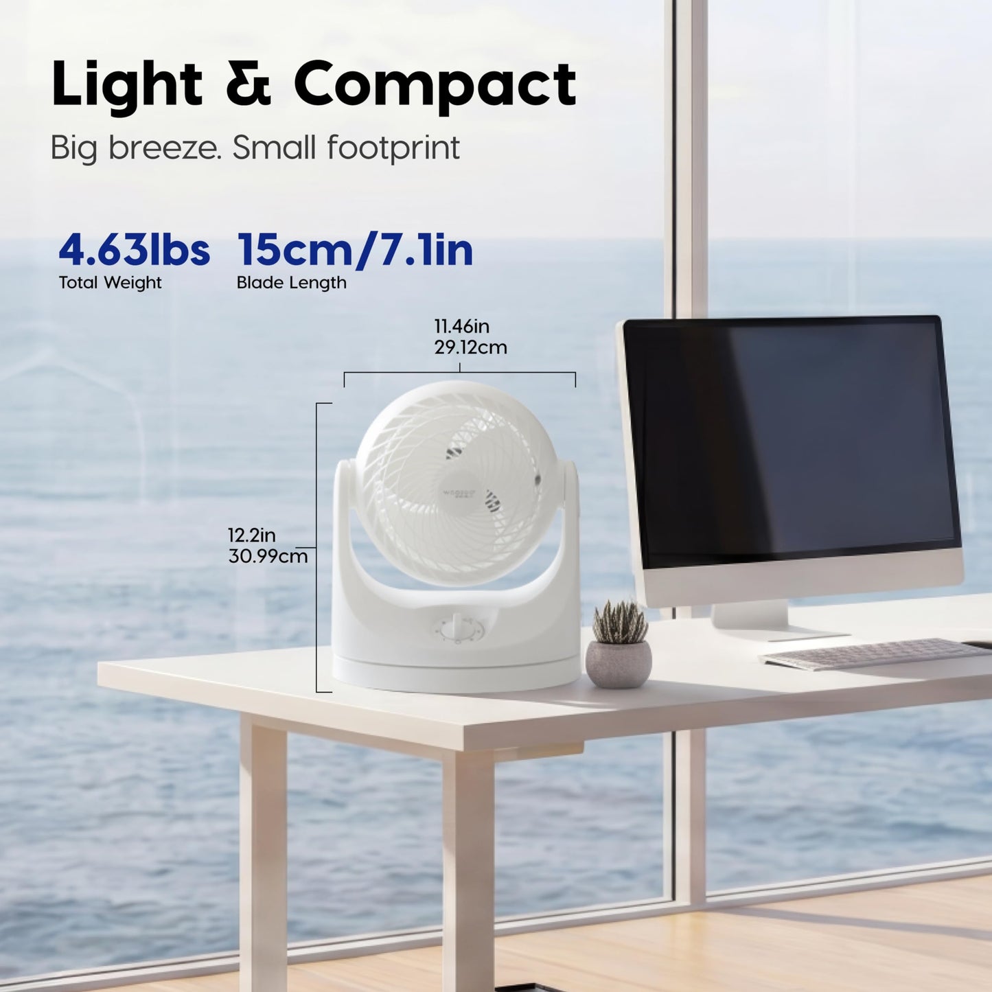 IRIS USA WOOZOO Desk Fan, Oscillating Air Circulator, 3 Speeds, 36ft Max Air Distance, 244ft² Coverage, 112° Adjustable Vertical Tilt, 29db Quiet Motor, Small Fan for Bedroom, Office, Dorm, White