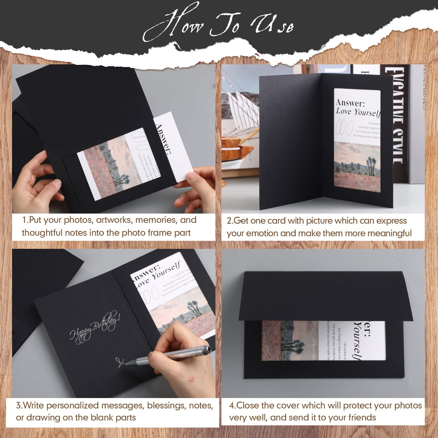 Fainne 150 Pack Photo Folders 4x6Inch Cardboard Picture Frame Photo Frame Thank You Cards Cardboard Folders Paper Greeting Cards Inserts for Portraits Christmas Wedding (4 x 6 Inch,Black)