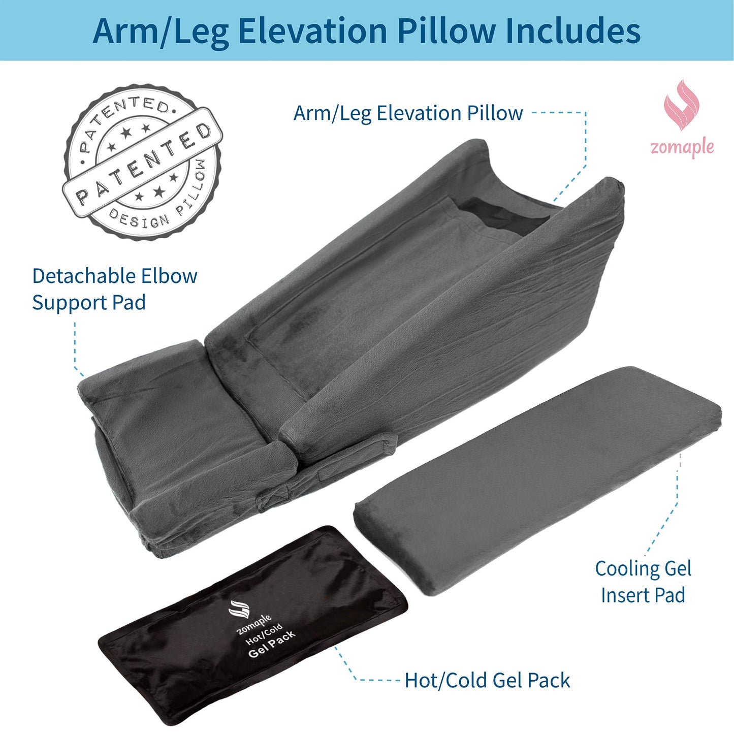 Zomaple Arm Elevation Pillow for Post Surgery – Adjustable Arm Support Pillow with Gel Memory Foam & Hot/Cold Pack – Couch Rest Pillow for Bed, Carpal Tunnel, Wrist & Elbow Recovery, Help Reduce Pain