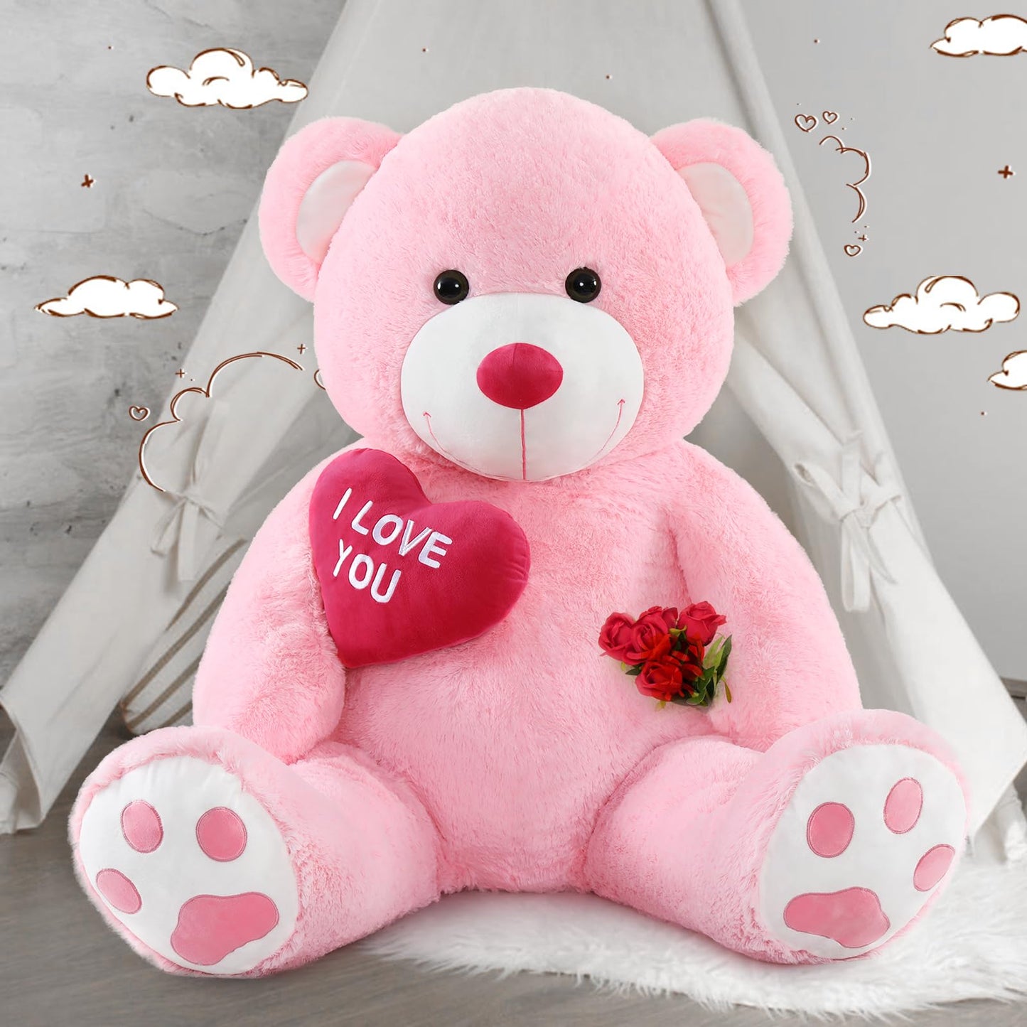 MaoGoLan Big Teddy Bear 4.3ft Stuffed Animal, I Love You Red Heart Giant Pink Teddy Bear Plush Toy, Large Stuffed Animal Gift for Girlfriend, Boyfriend, Kids