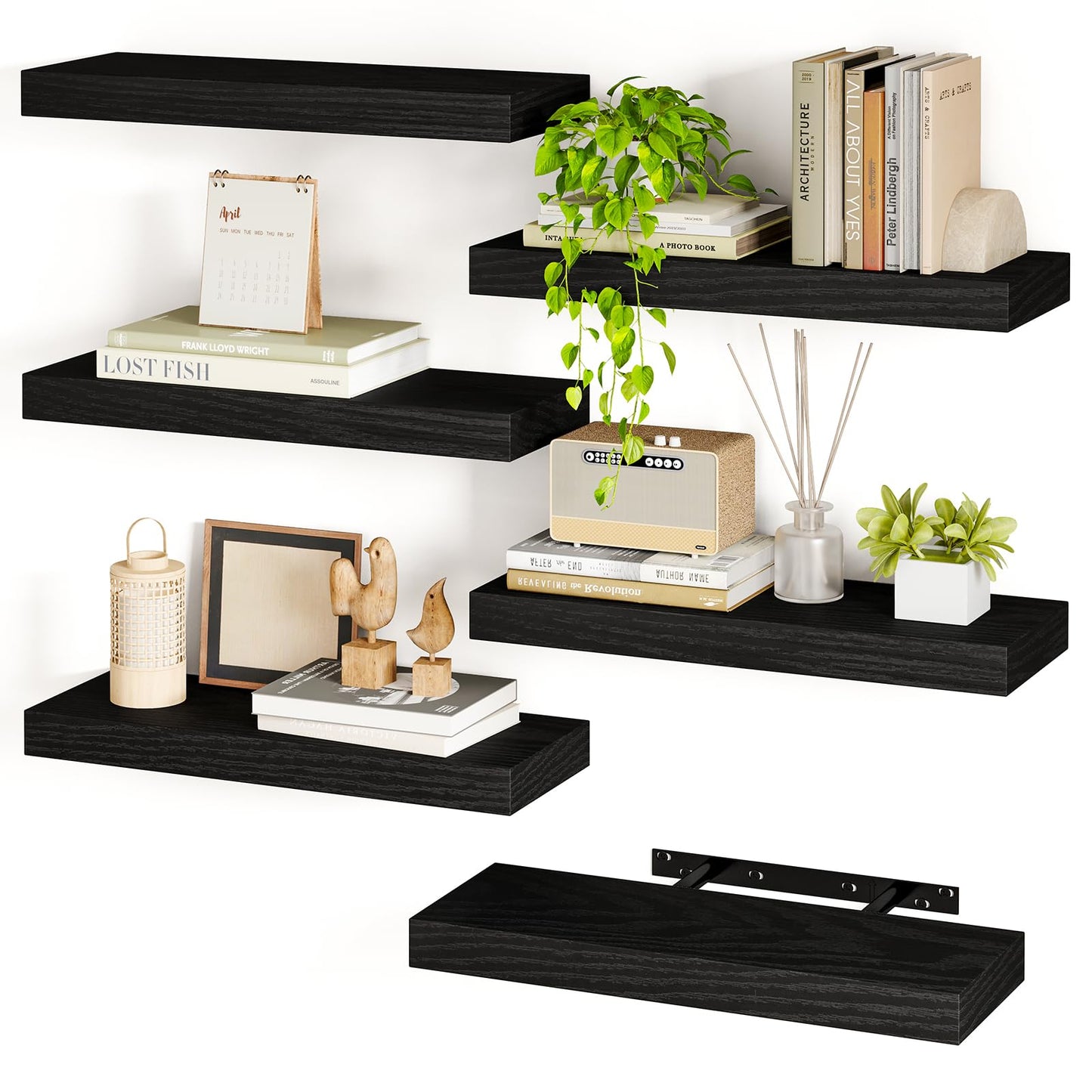 Fixwal Black Shelves, 15.8in Floating Shelves, Farmhouse Shelf Wall Decor for Bathroom, Bedroom, Living and Kitchen Set of 6